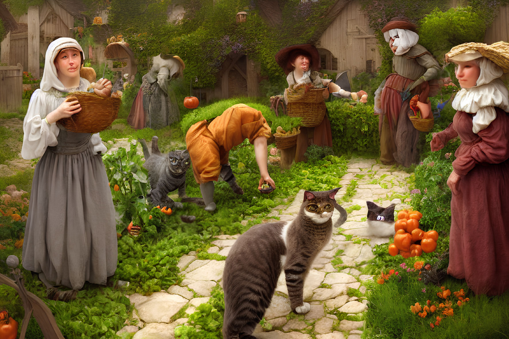 Medieval-themed garden scene with people harvesting vegetables and cats roaming.