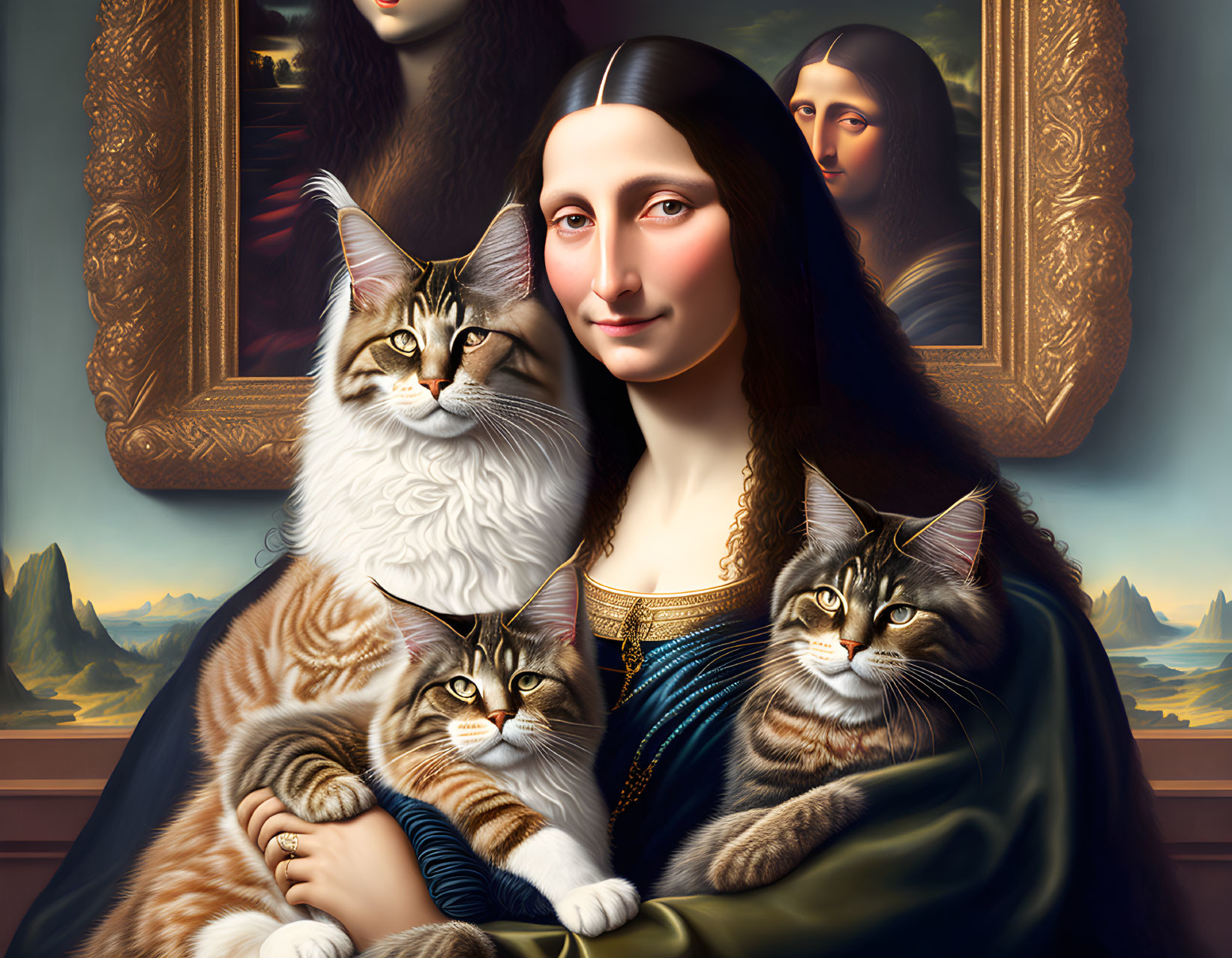 Surreal artwork: Mona Lisa blended with large cats in classic portrait setting