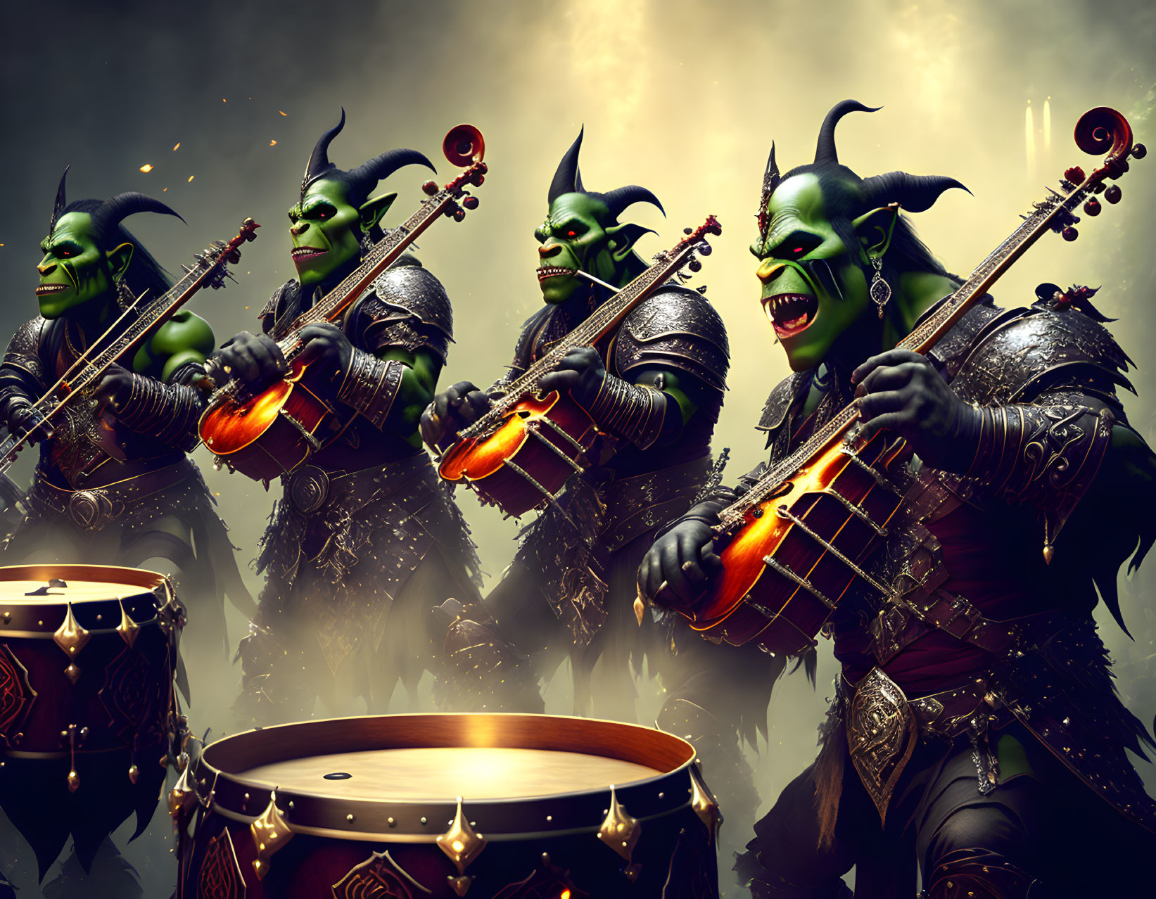 Fantasy orc musicians playing violins in intense expression