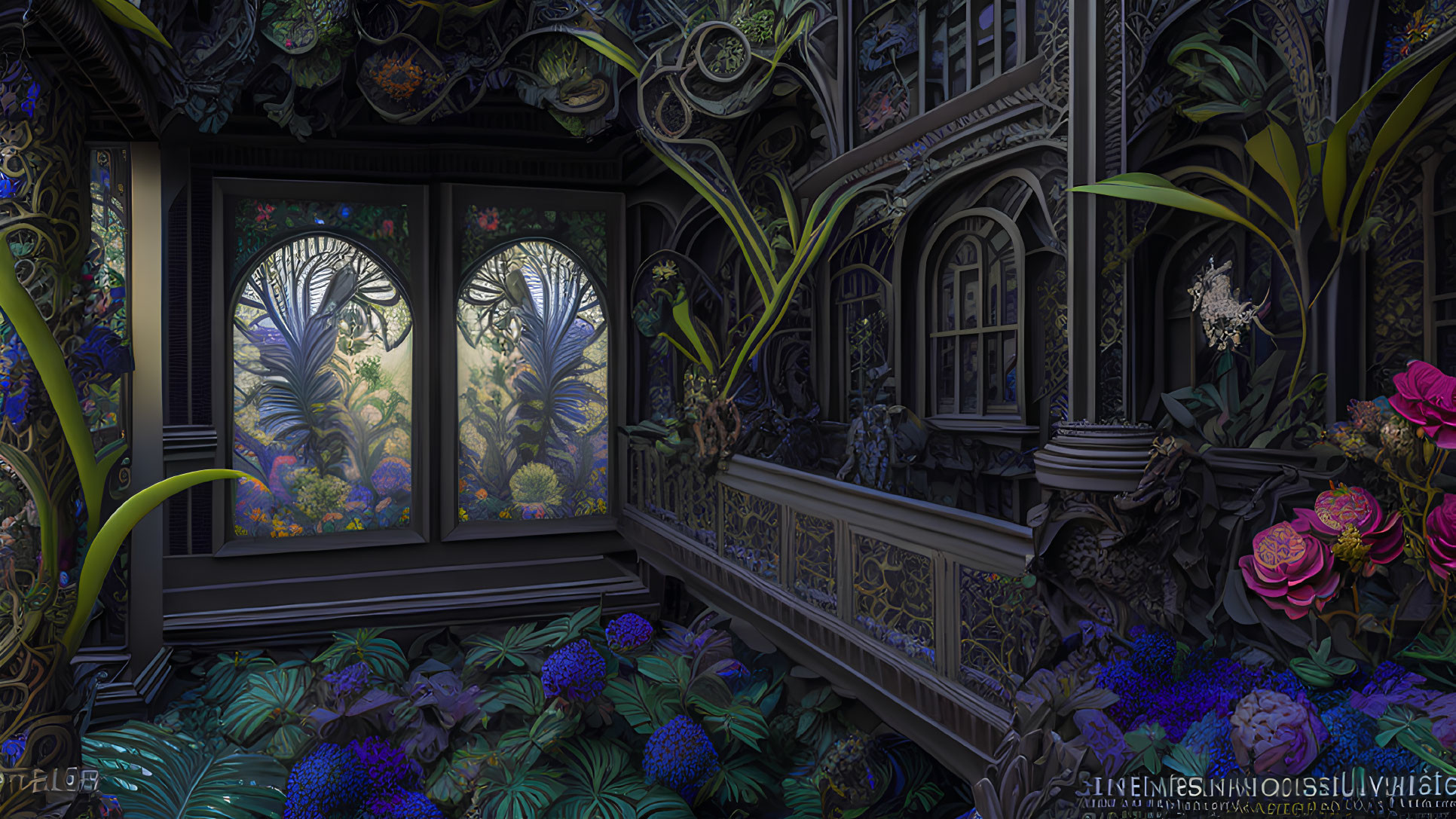 Intricate Gothic greenhouse with vibrant plants and stained glass windows