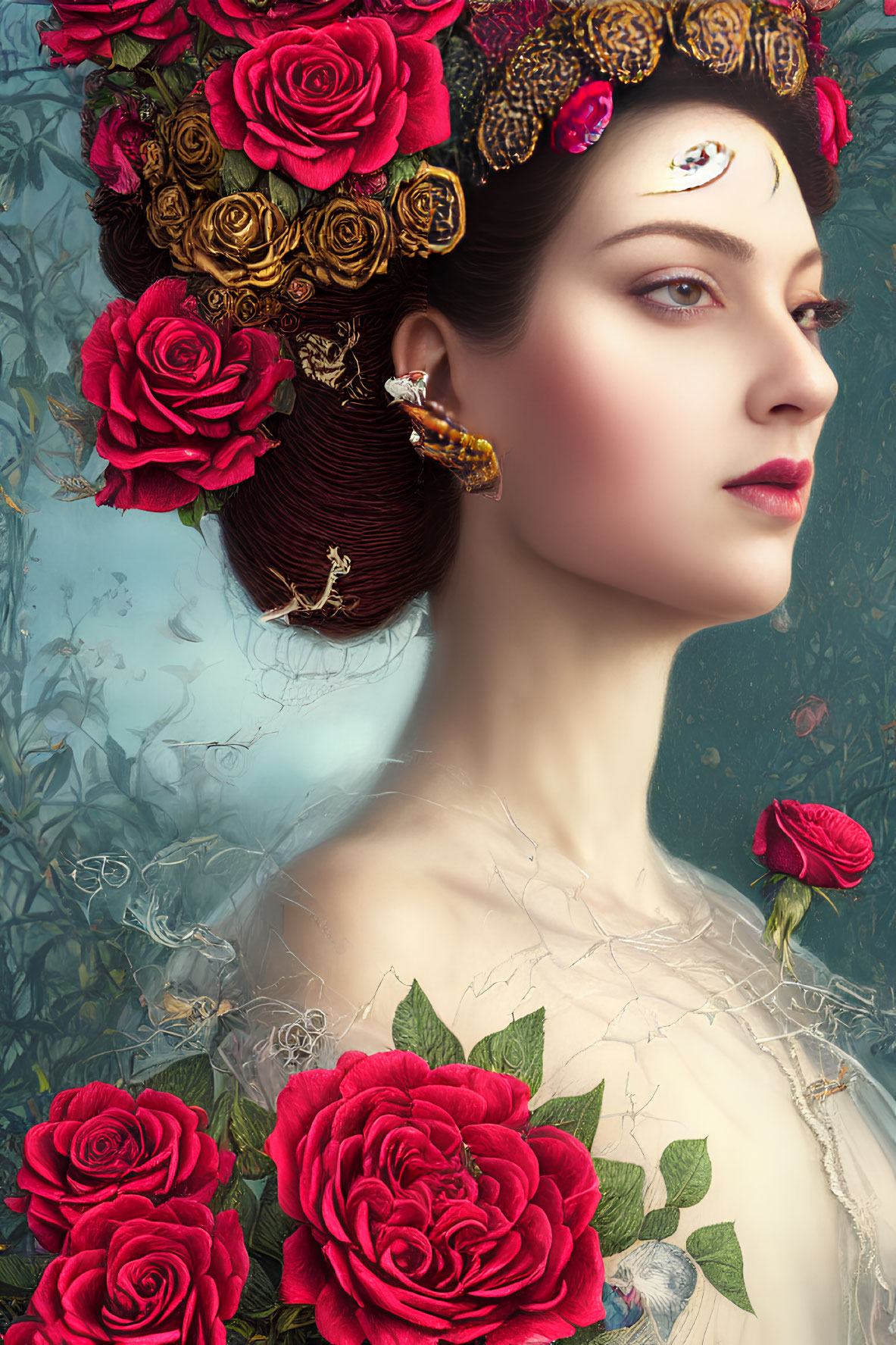 Digital artwork portrait of a woman with gold jewelry and red roses in her hair.