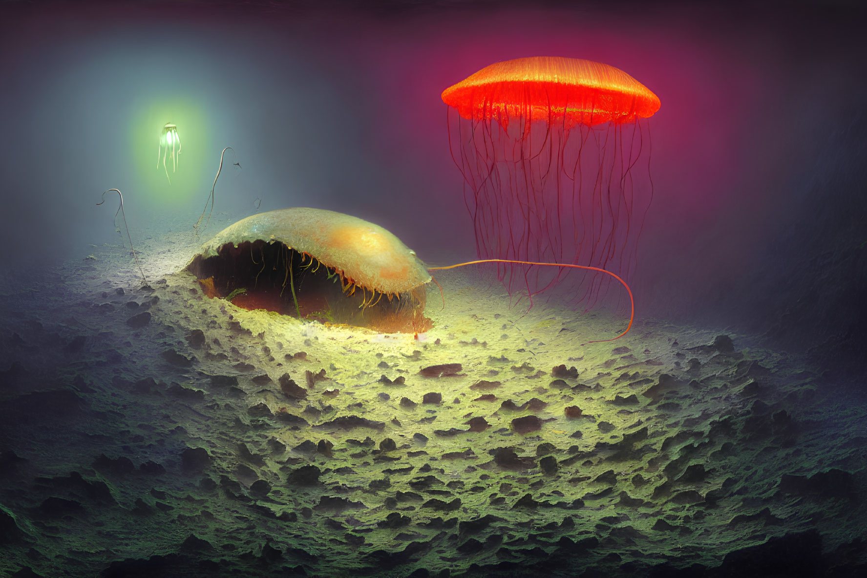 Vibrant Underwater Scene with Glowing Jellyfish and Bioluminescent Creature