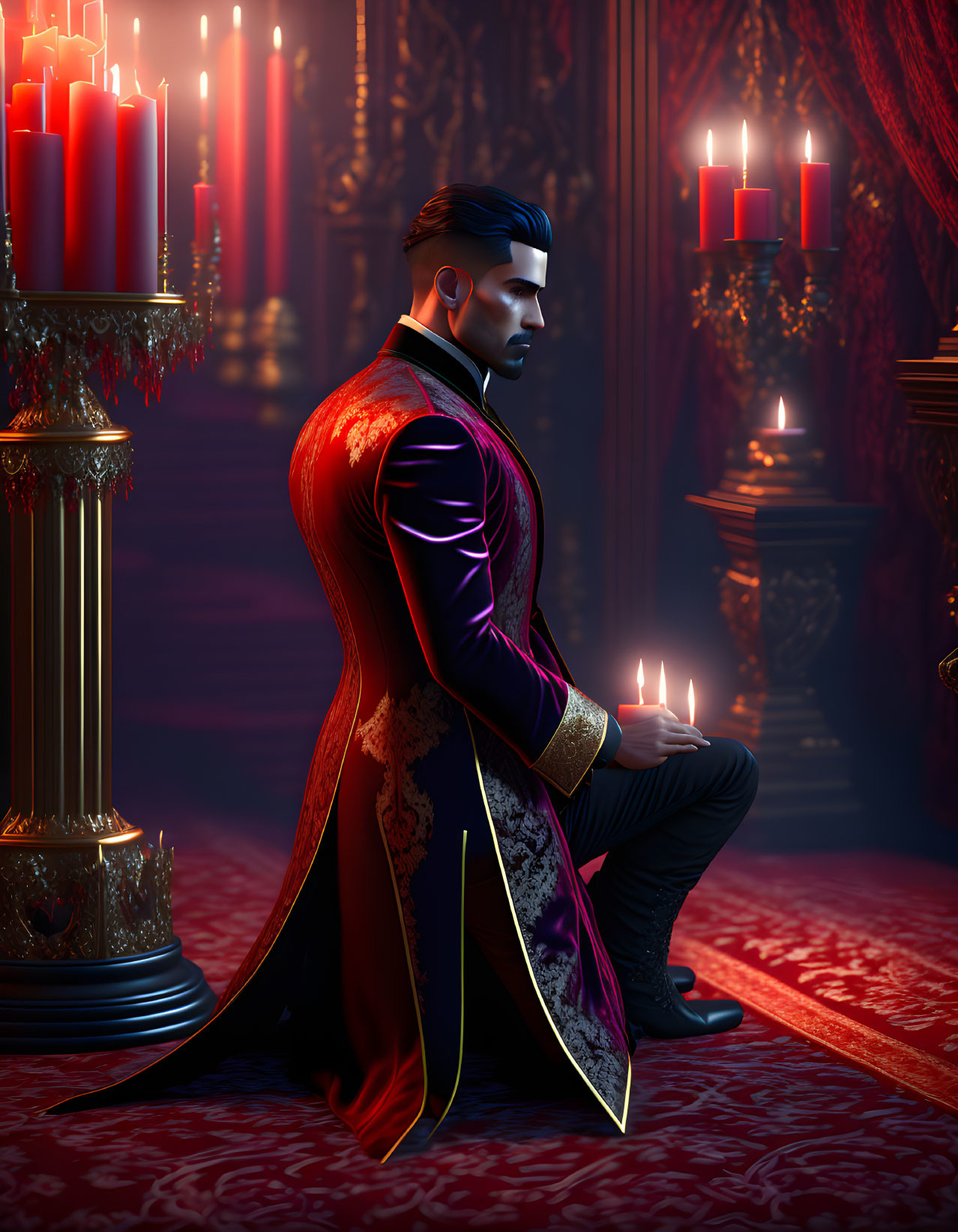 Stylized man with beard in elegant red coat kneeling in candlelit room