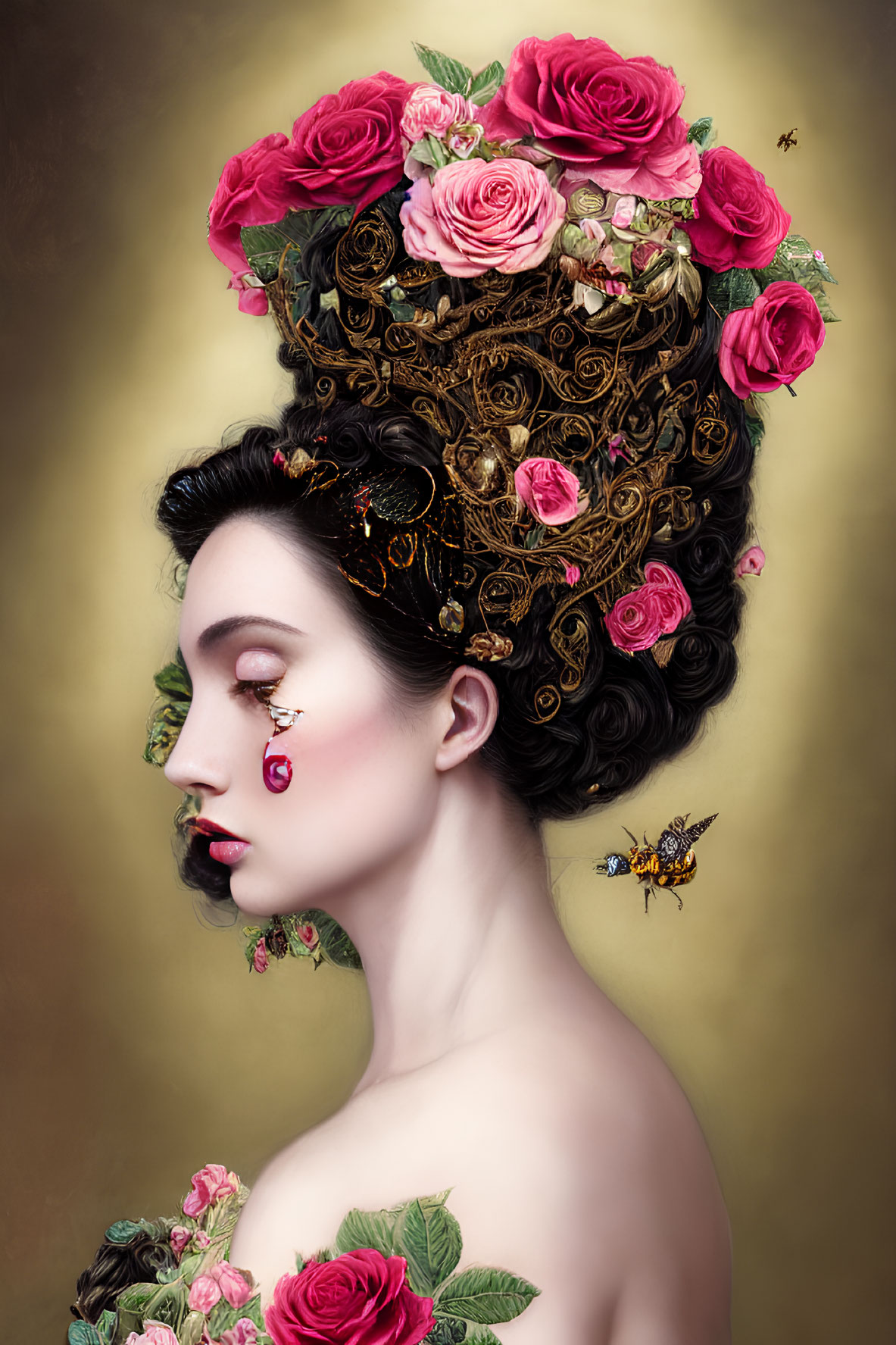 Portrait of Woman with Rose Bouquet Hair and Bees on Golden Background