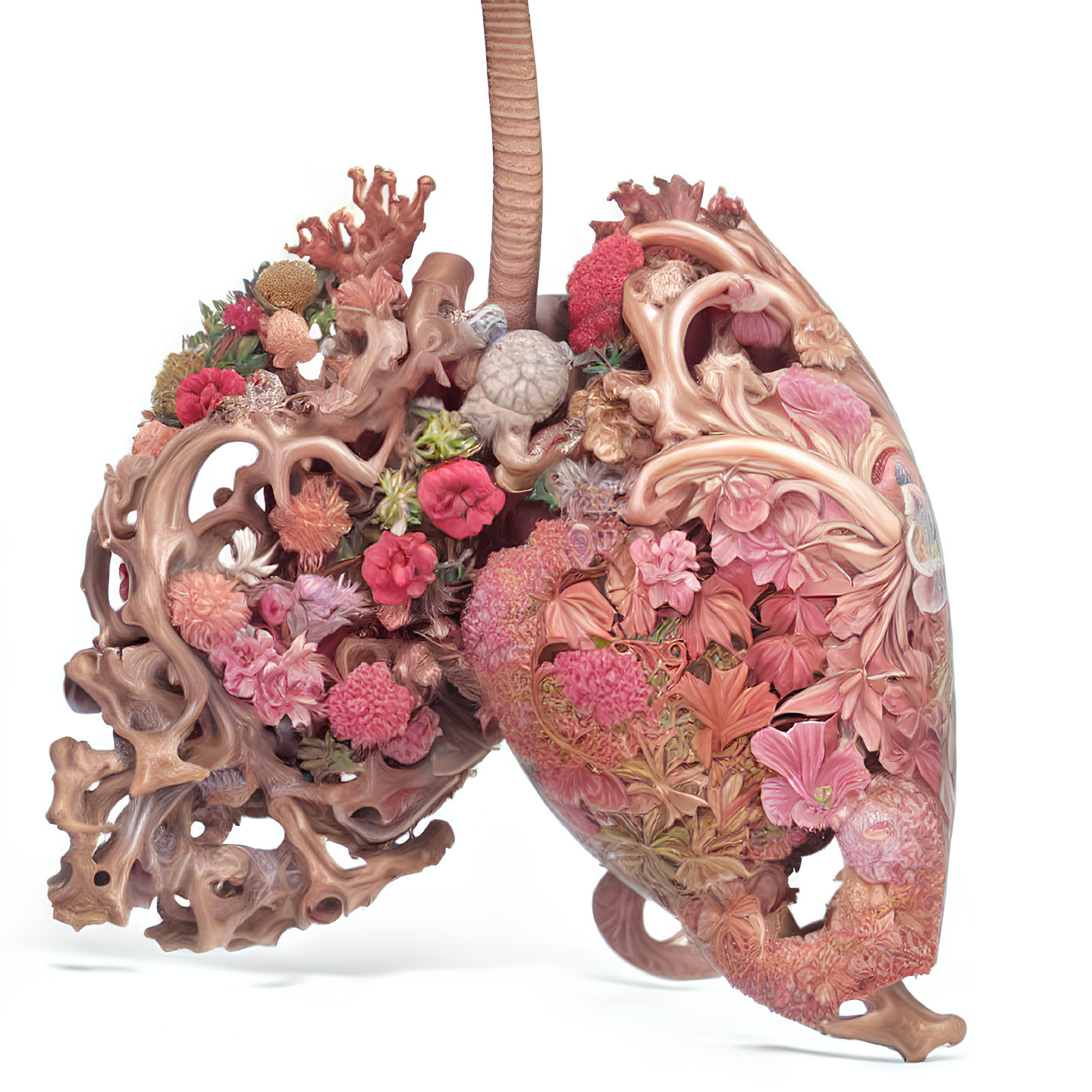 Detailed Human Heart Transformed into Floral Arrangement