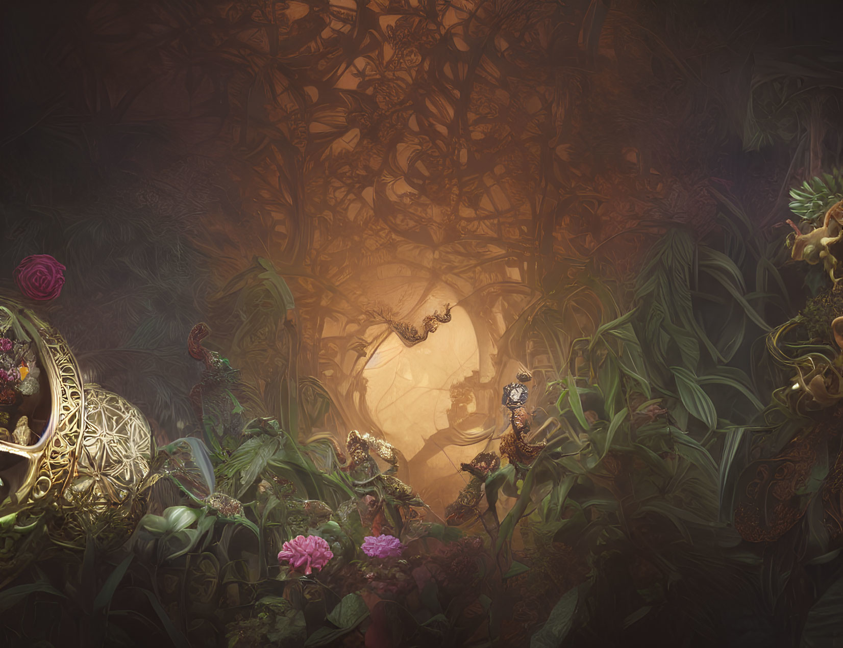 Fantastical jungle scene with glowing orb and intricate details