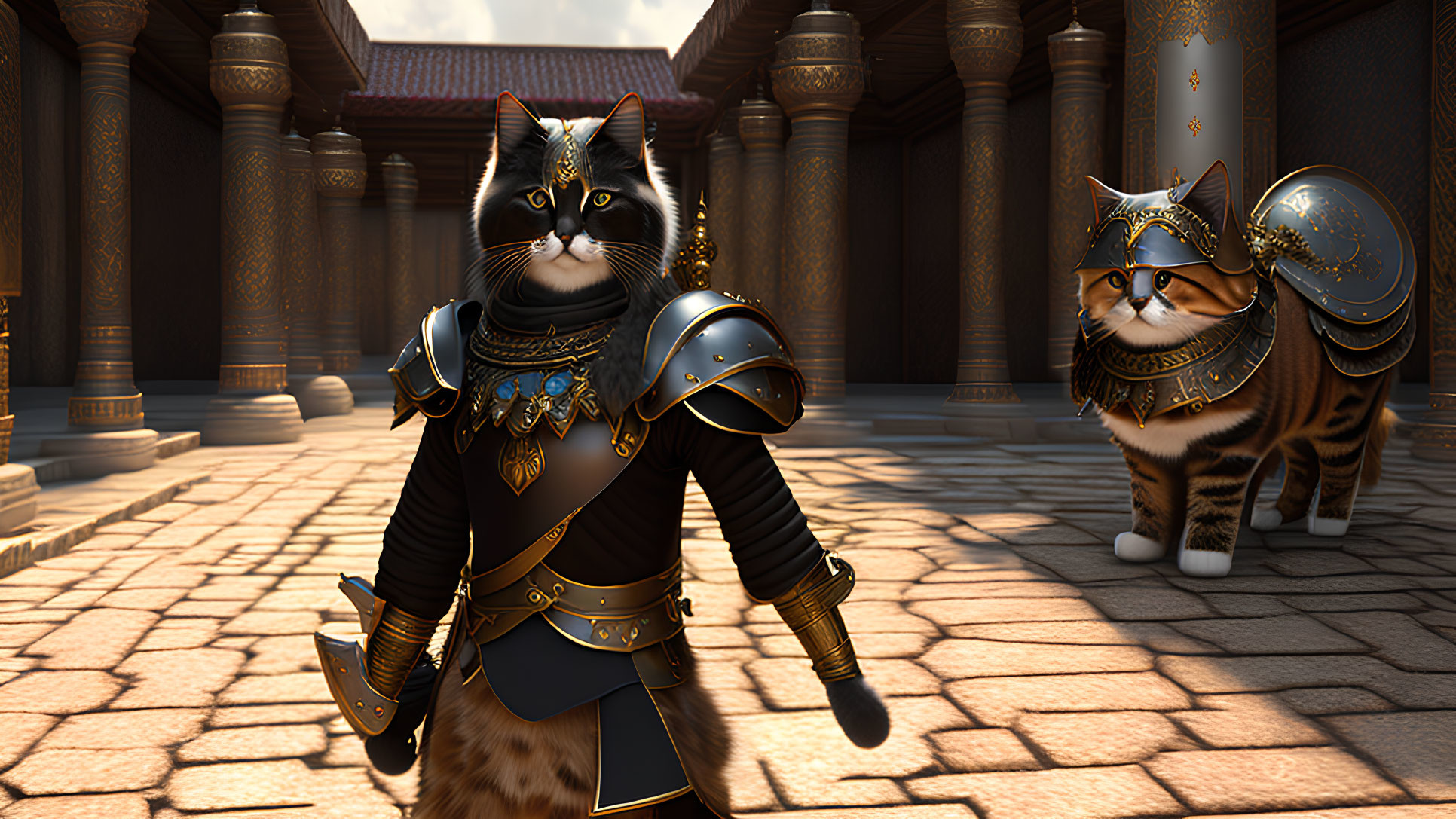 Medieval armor cats in palace courtyard with regal stance