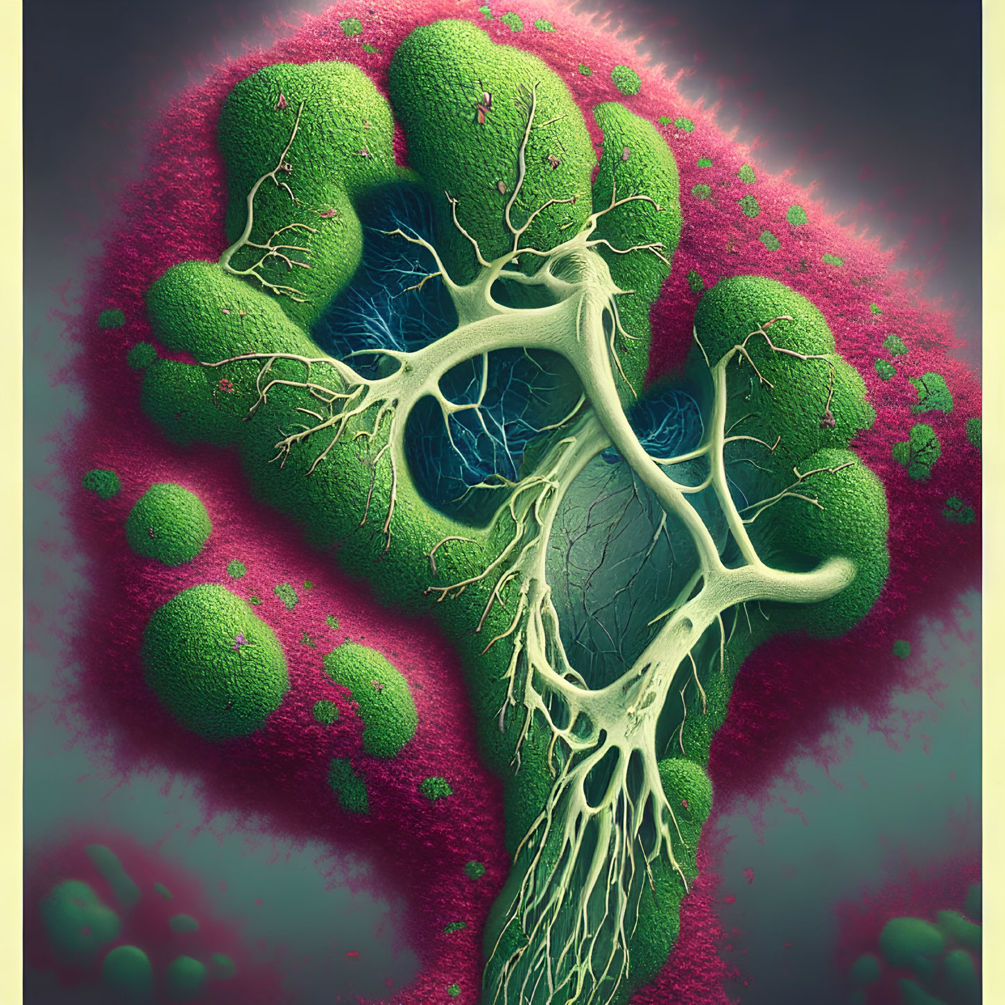 Detailed 3D Illustration of Green Biological Structure with White Fibers on Blue Cavity