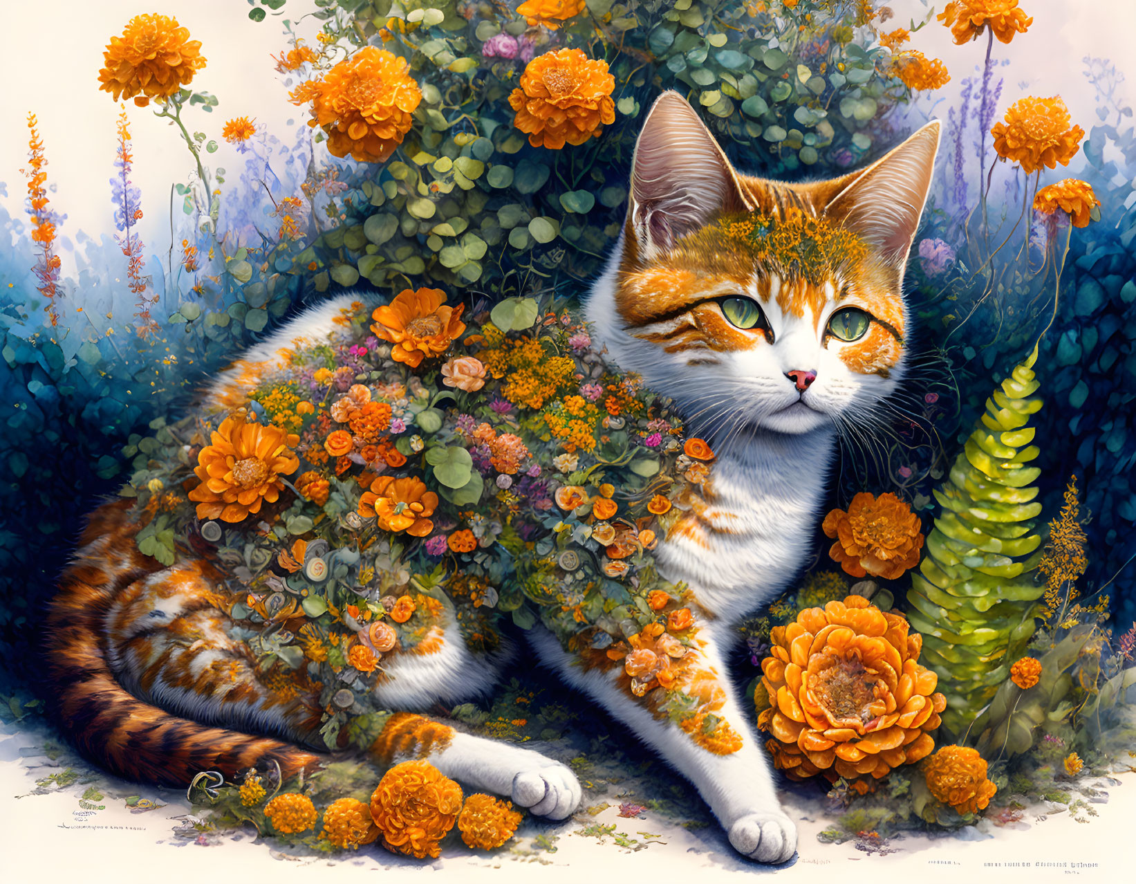 Colorful artwork: Orange and white cat blending into marigold garden