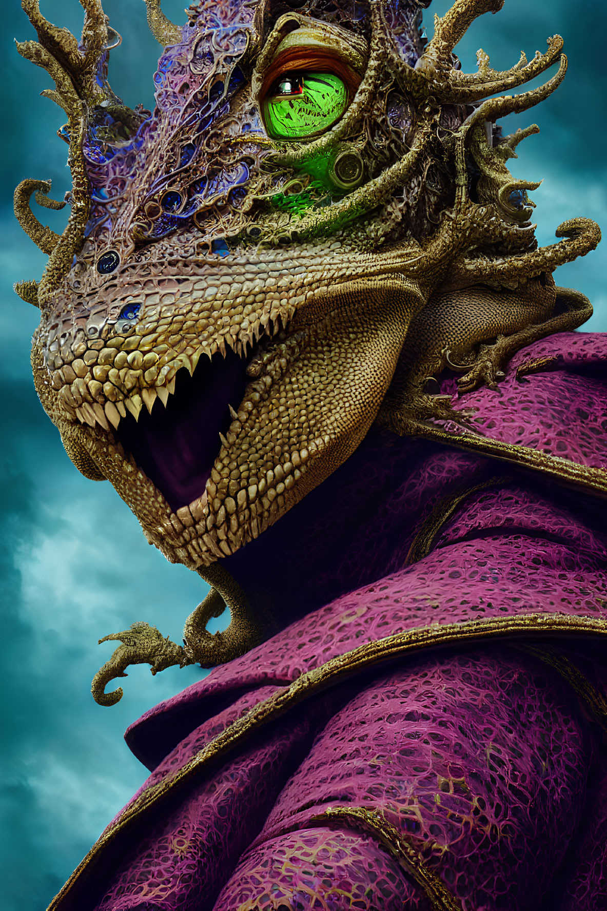 Detailed Illustration of Reptilian Creature with Sharp Teeth and Green Eye in Purple Cloak