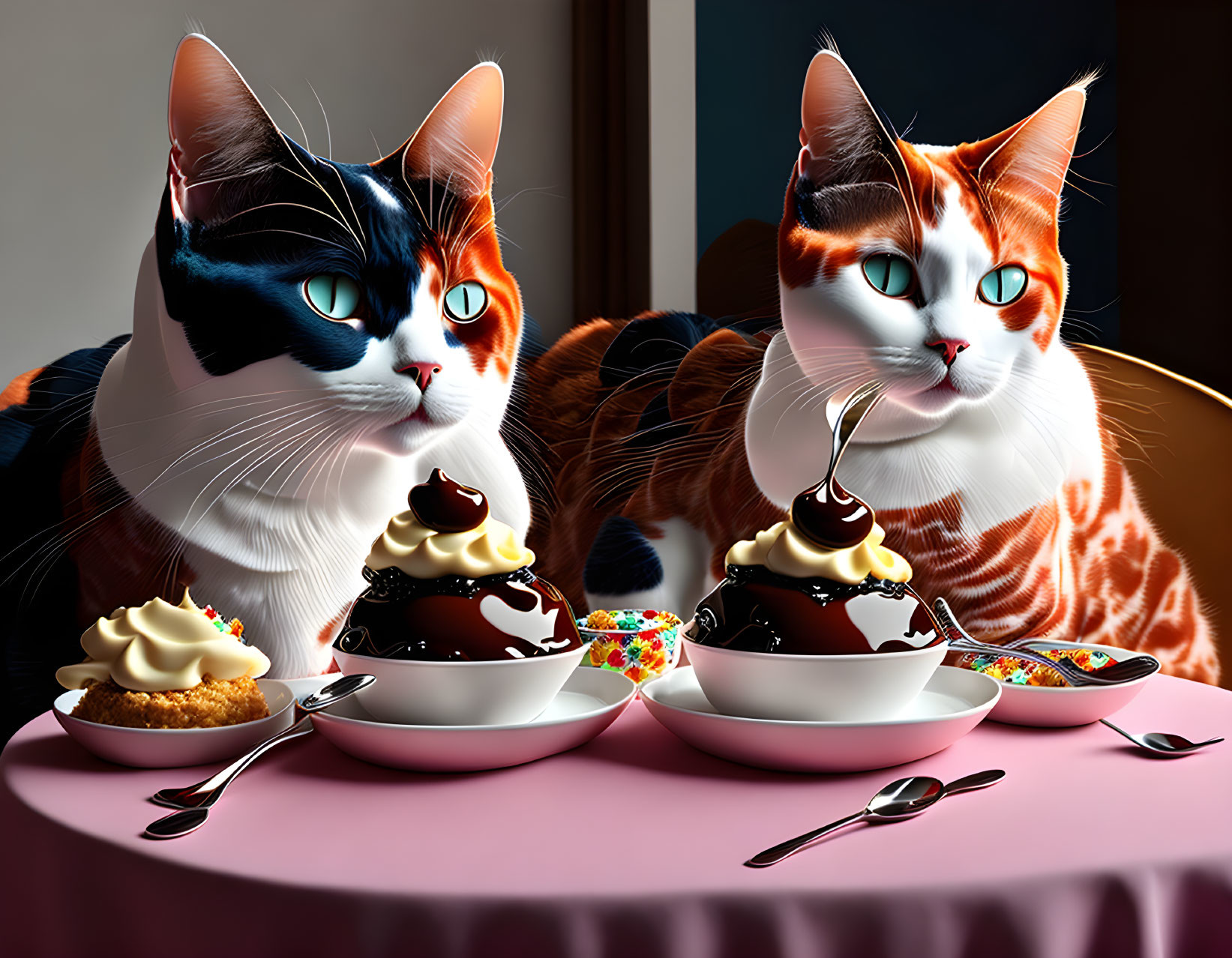 Exaggerated human-like eyes on cats at a surreal ice cream table