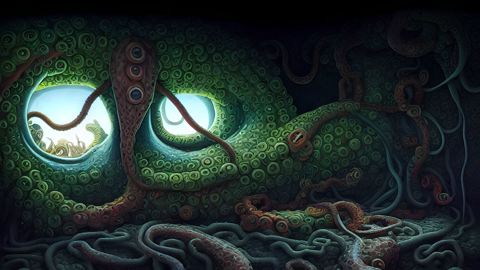 Illustration of octopus-like creature in dark underwater cavern