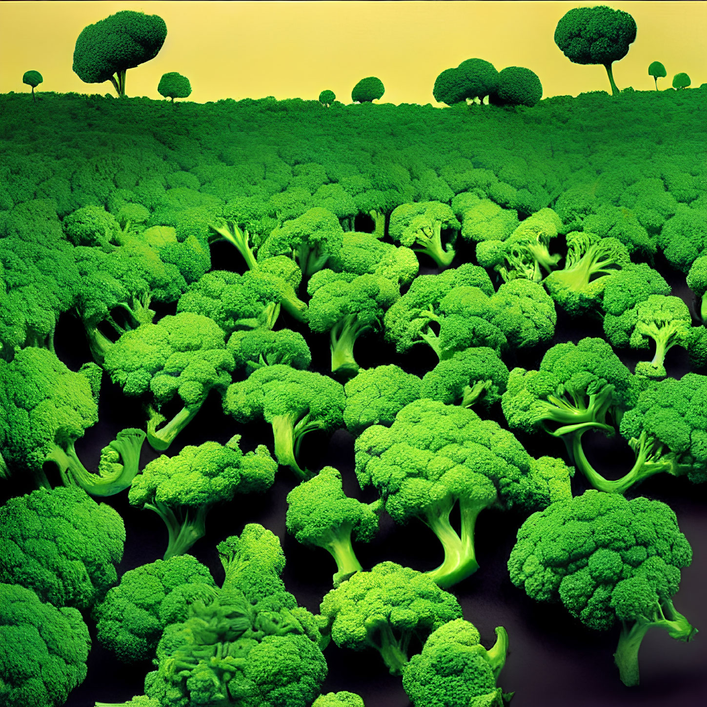 Surreal image: Broccoli blending into forest scene