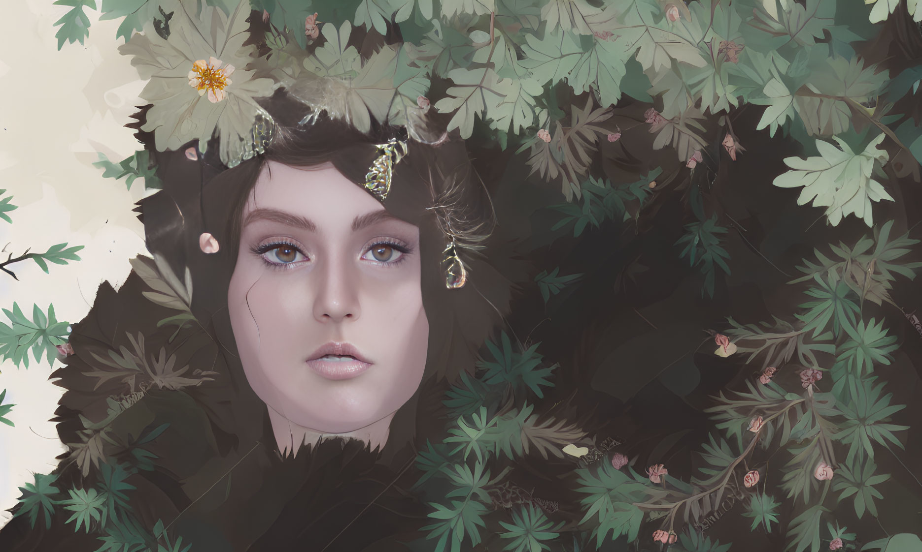 Illustration: Woman's face in foliage with floral hair and leaf crown