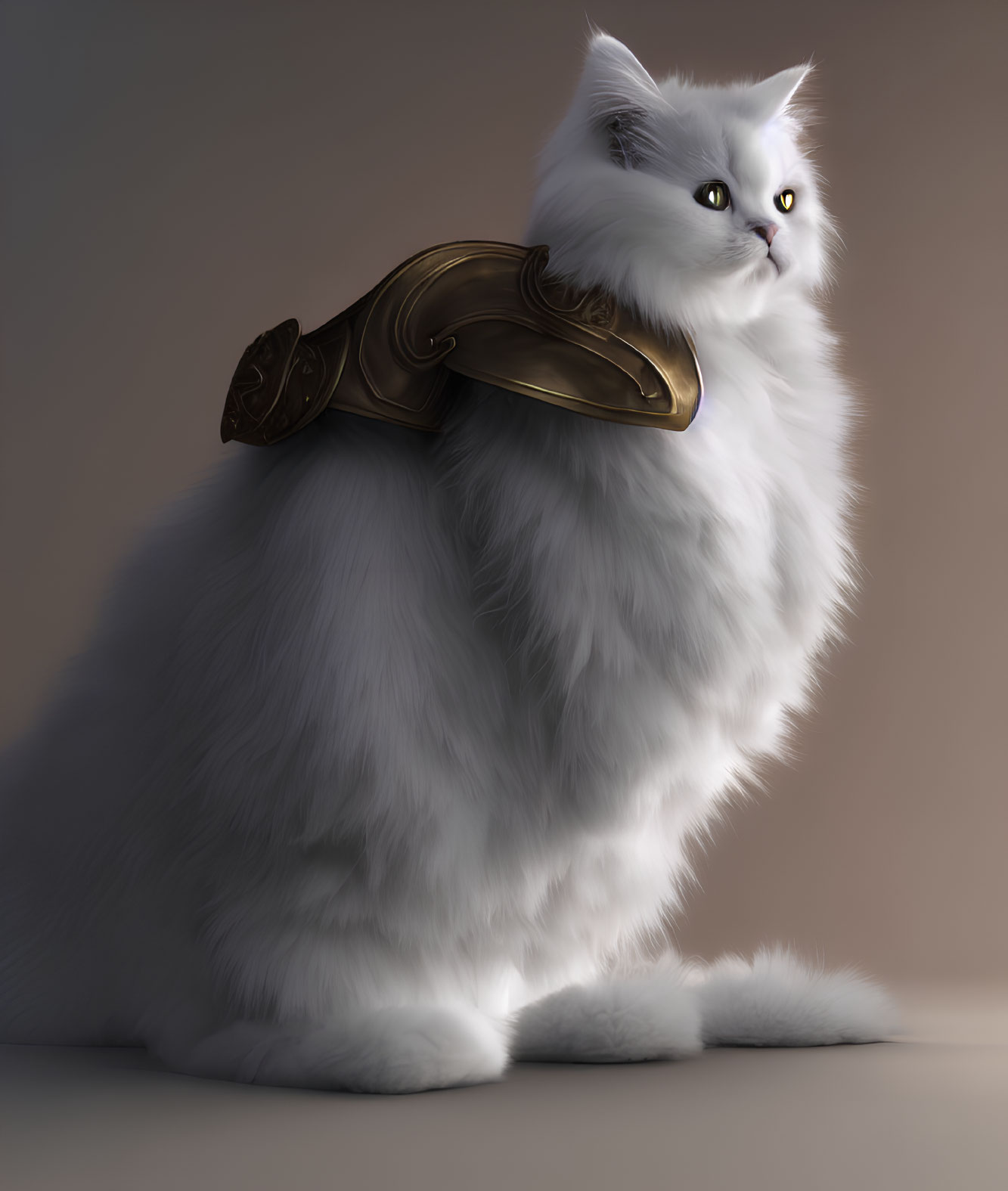 White Fluffy Cat with Yellow Eyes and Bronze Shoulder Armor Piece