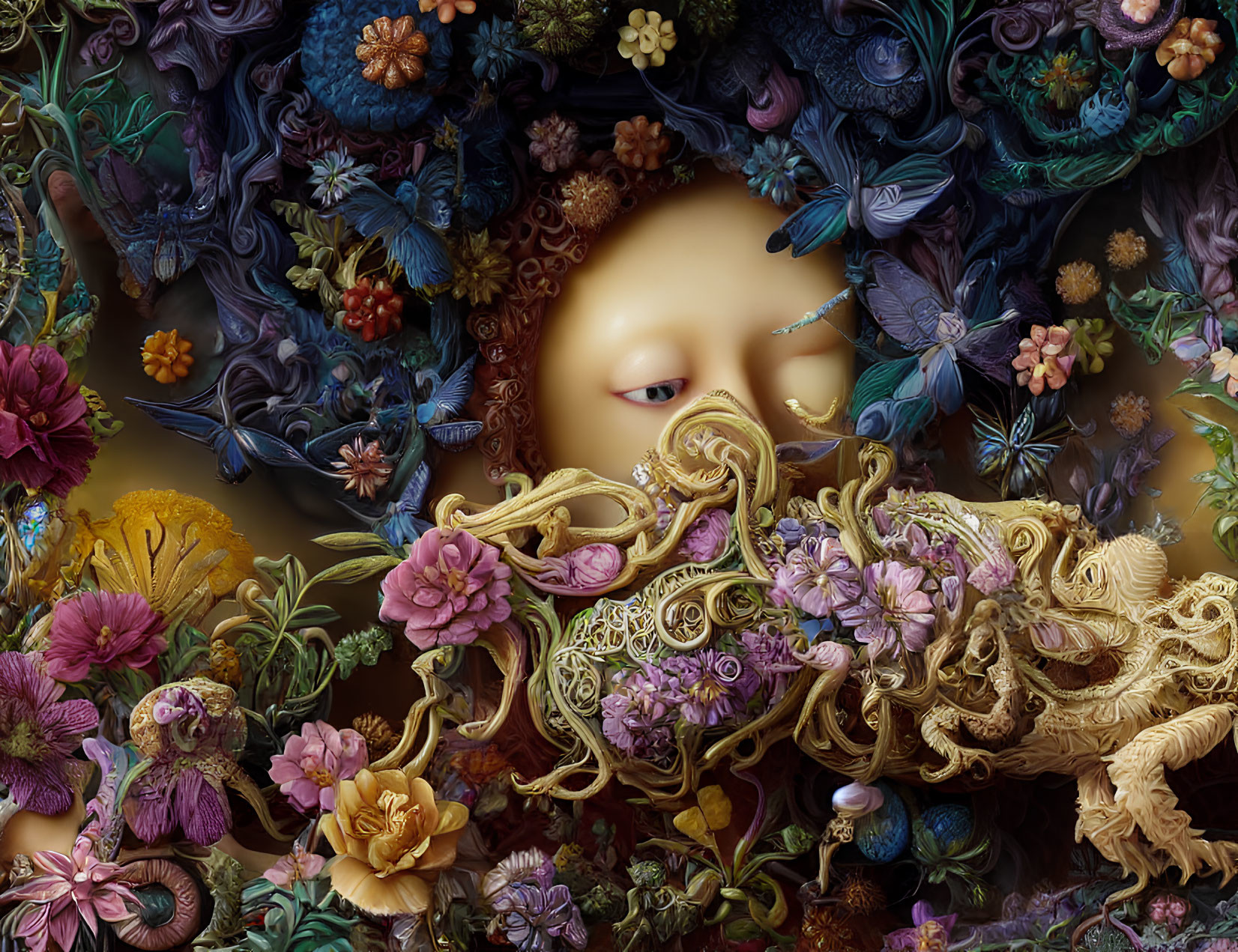 Surreal ornate image: Face hidden by flowers & golden filigree in lush floral backdrop