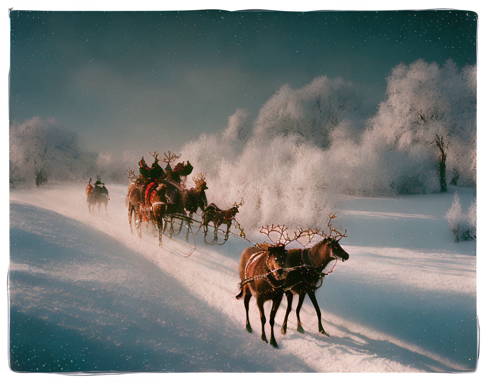 Snowy landscape with reindeer-pulled sleigh in dusky sky