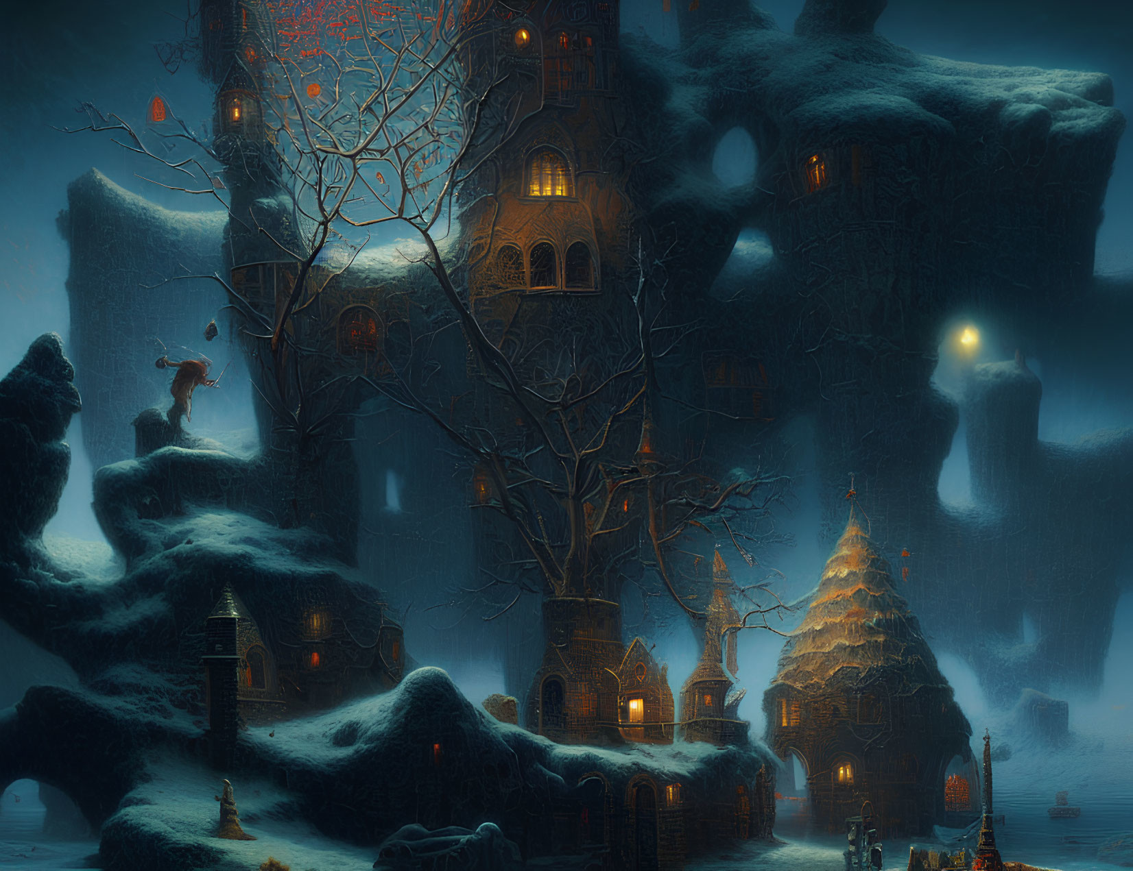 Snow-covered fantasy architecture with barren tree and flying figure at night