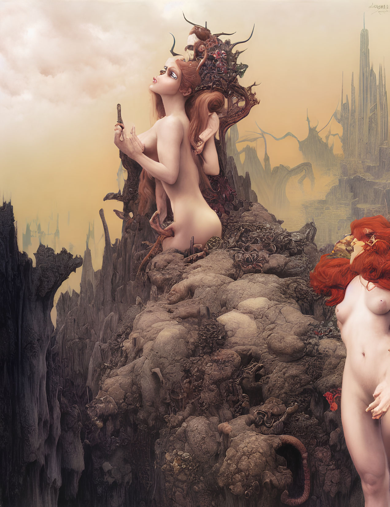 Fantastical painting of nude figures with intricate hairstyles and horns on rocky landscape