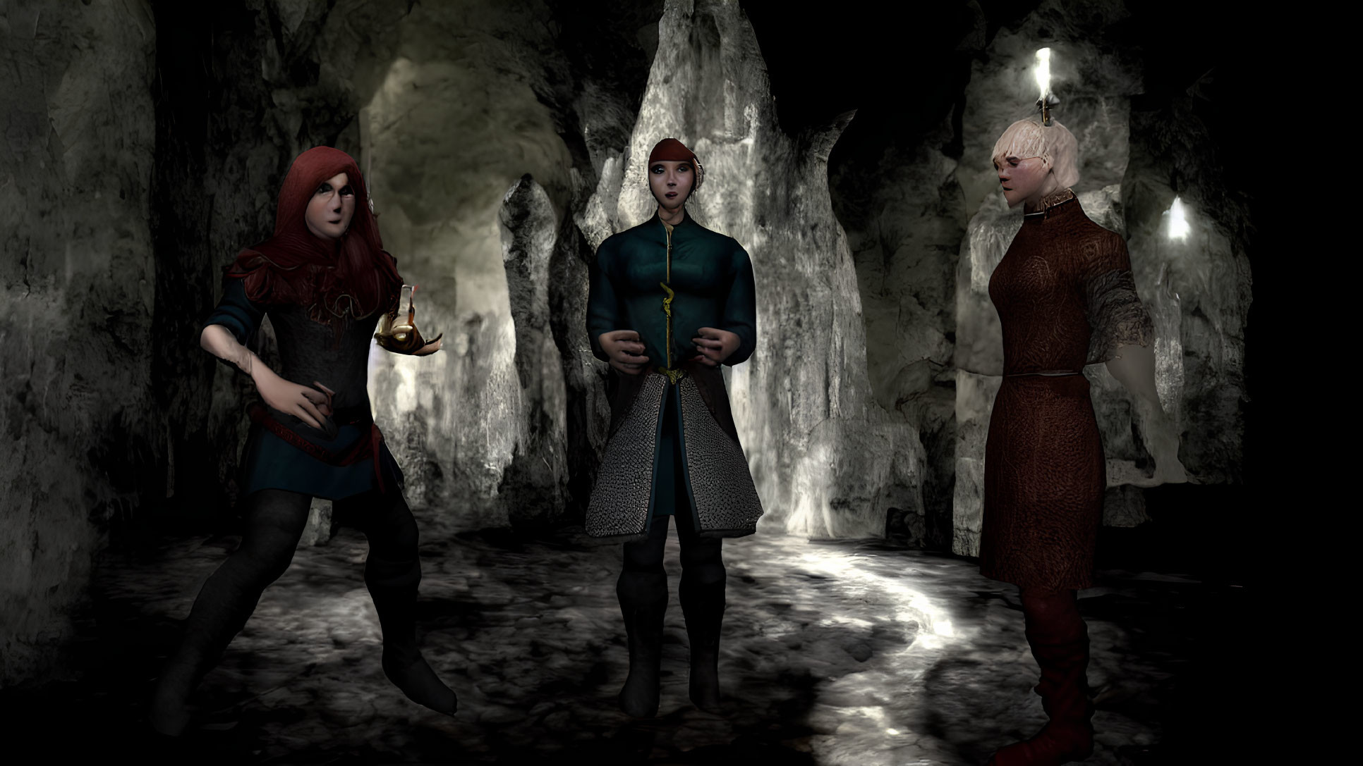 Medieval fantasy characters in dark cave with lantern discussing