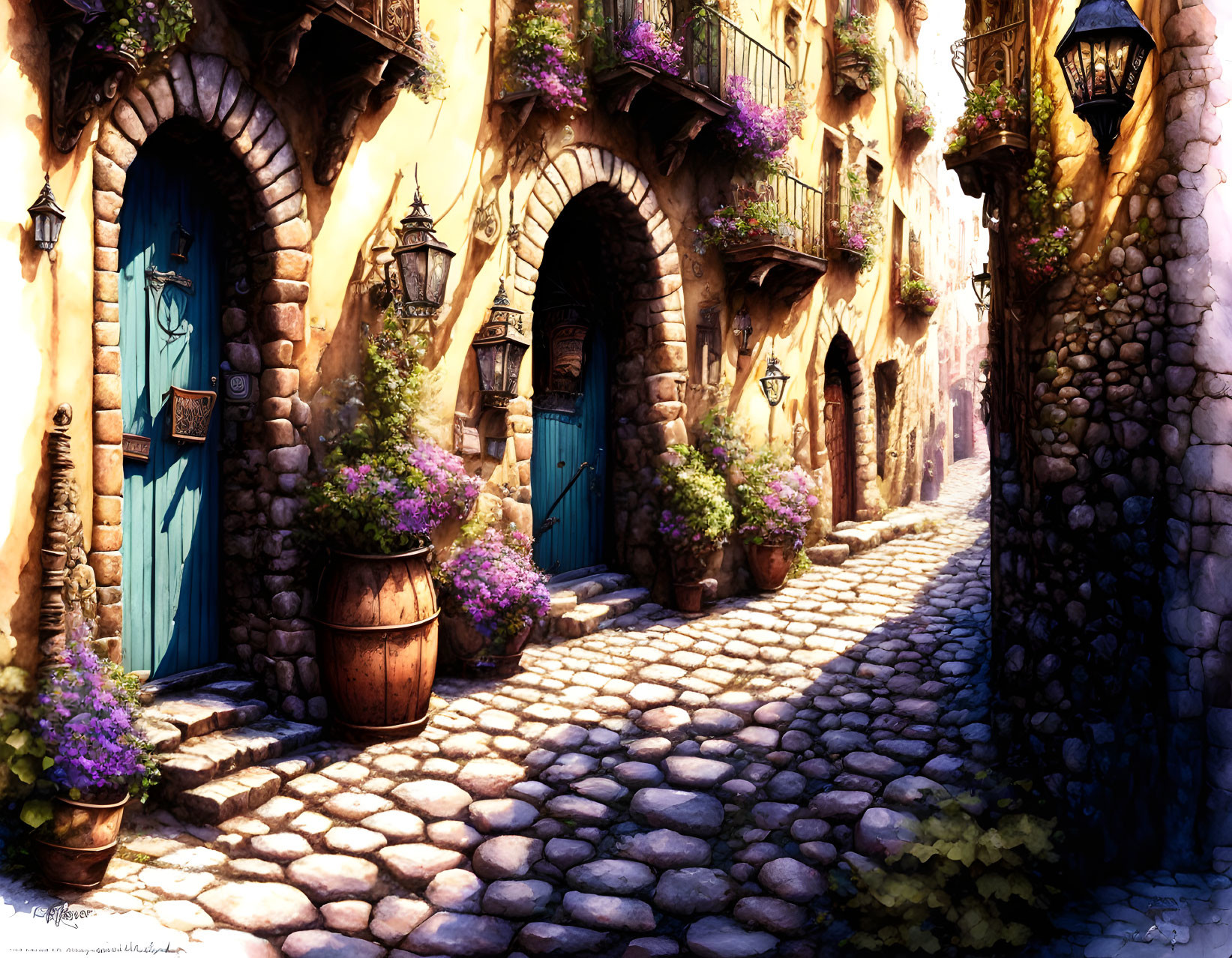 Charming cobblestone street with stone buildings, purple flowers, blue doors, and hanging lanterns