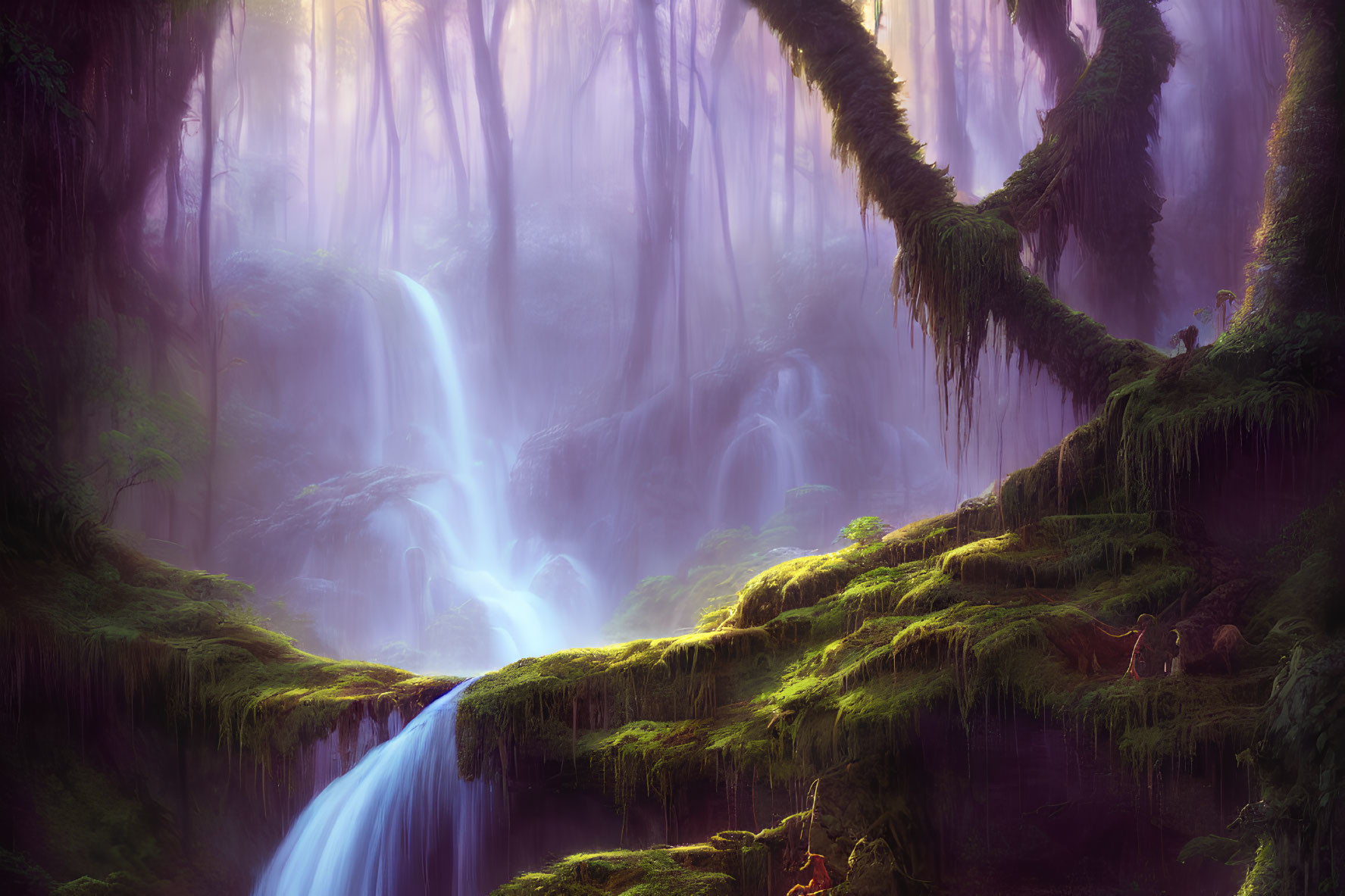 Mystical forest with mossy grounds, waterfalls, misty trees in purple light