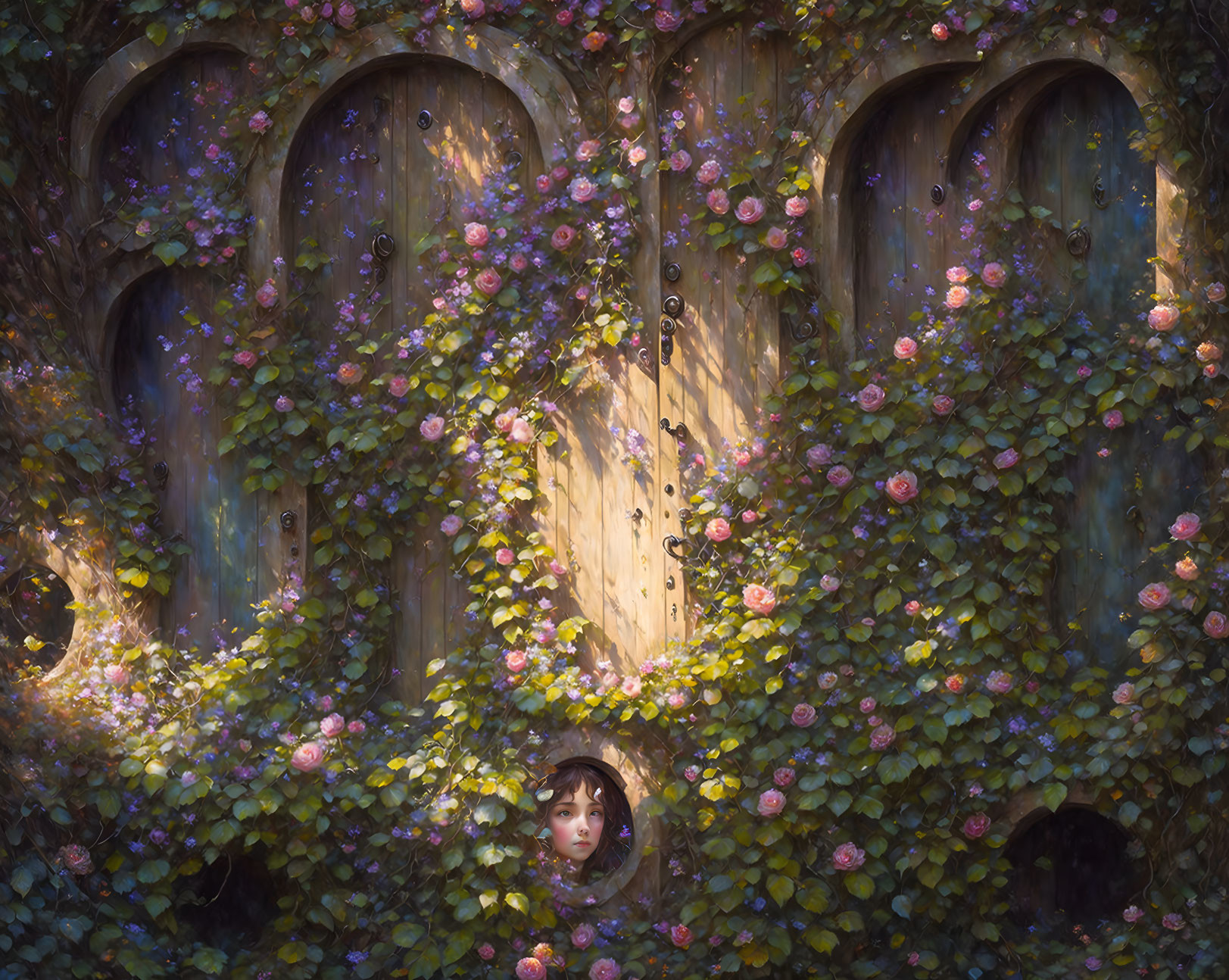 Person peeking through floral overgrown doorway in ivy-filled wall.