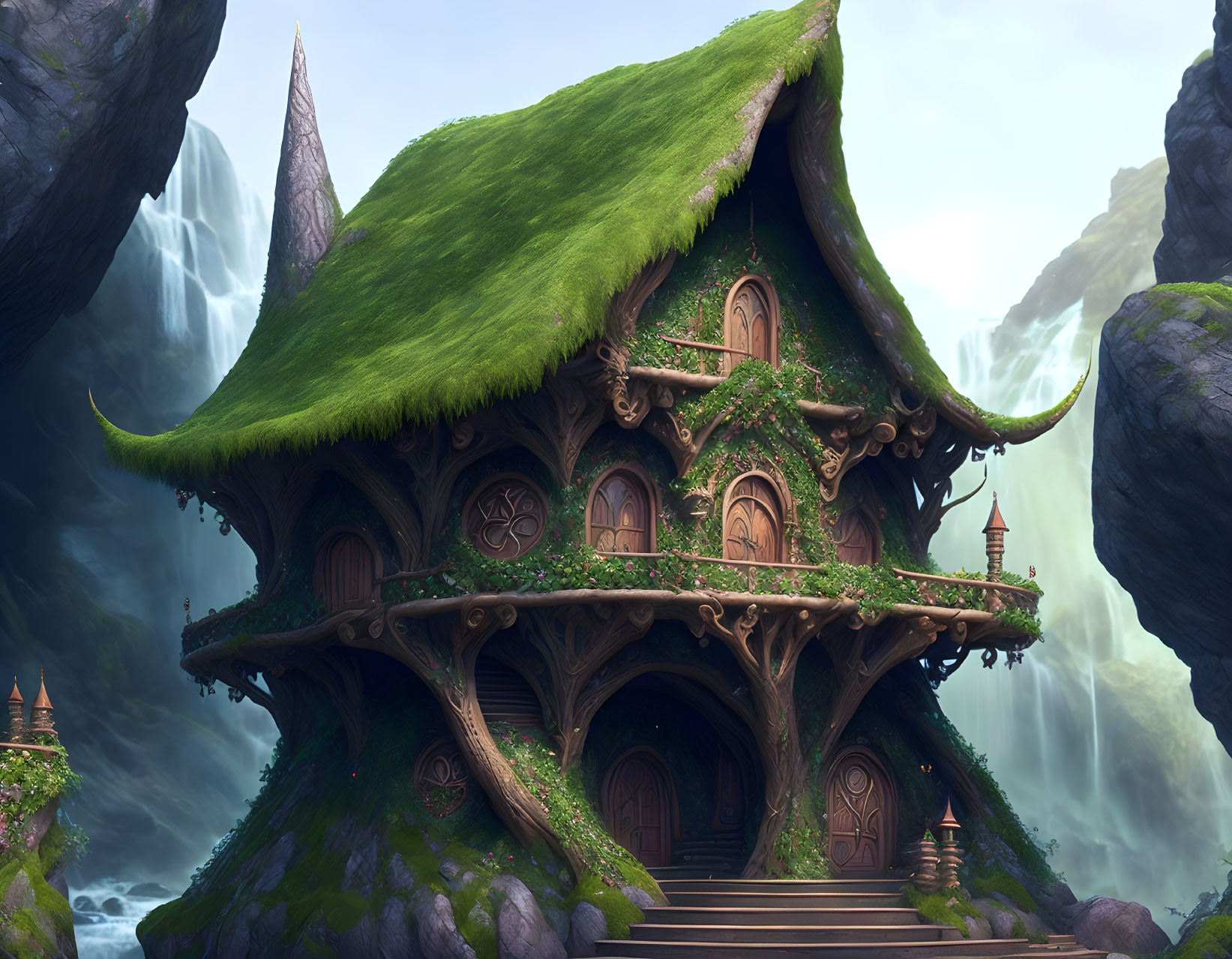 Fantasy treehouse with grassy roof and ivy, wooden architecture, near waterfalls and mist