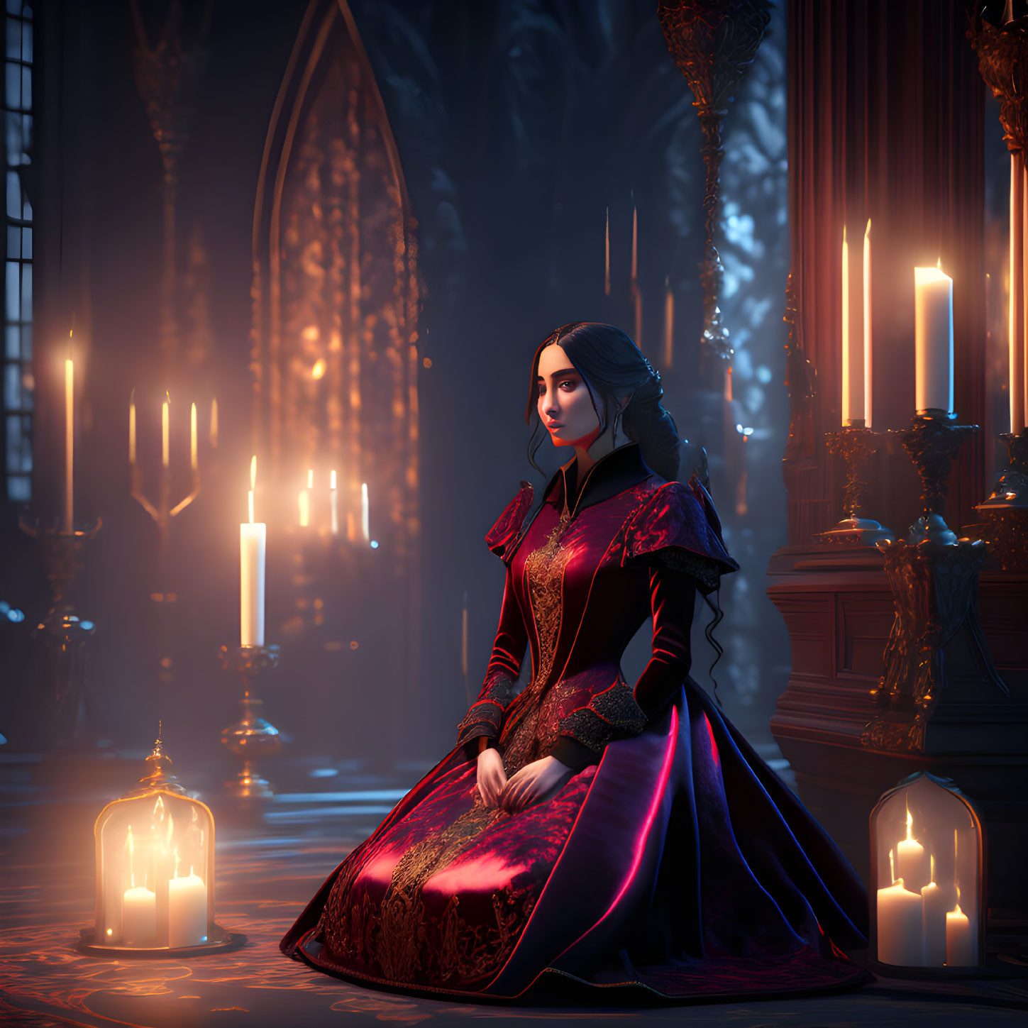 Victorian gown-wearing lady in animated gothic chamber.