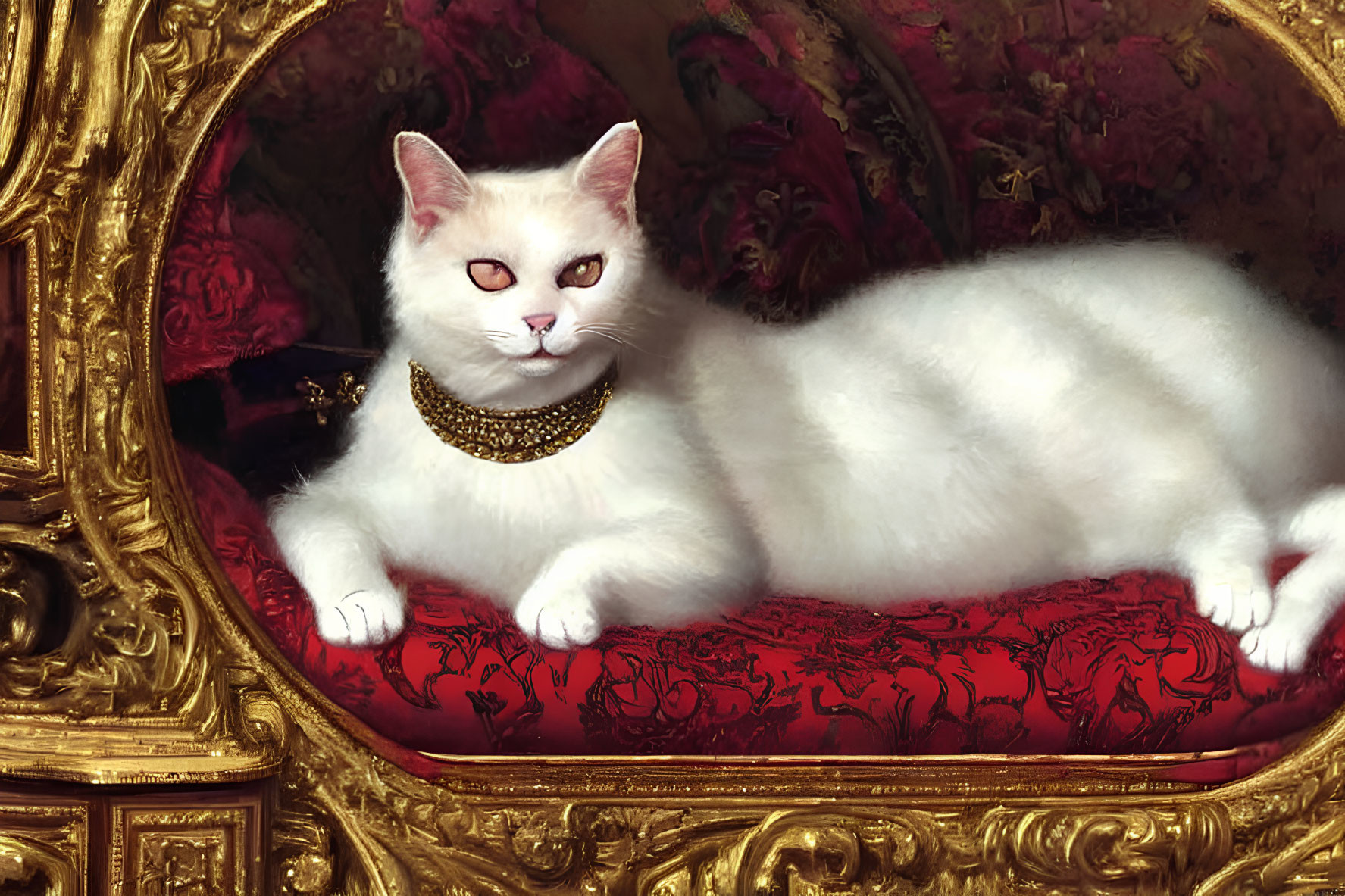 White Cat with Striking Eyes Lounging on Red Upholstered Seat