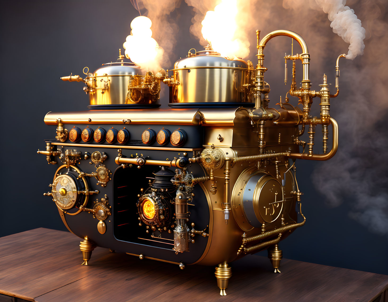 Steampunk-style machine with brass pots and pipes on wooden surface