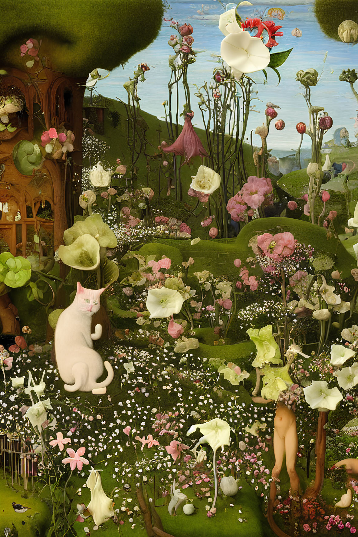 Whimsical digital art: Oversized white cat in lush garden with hidden human figures