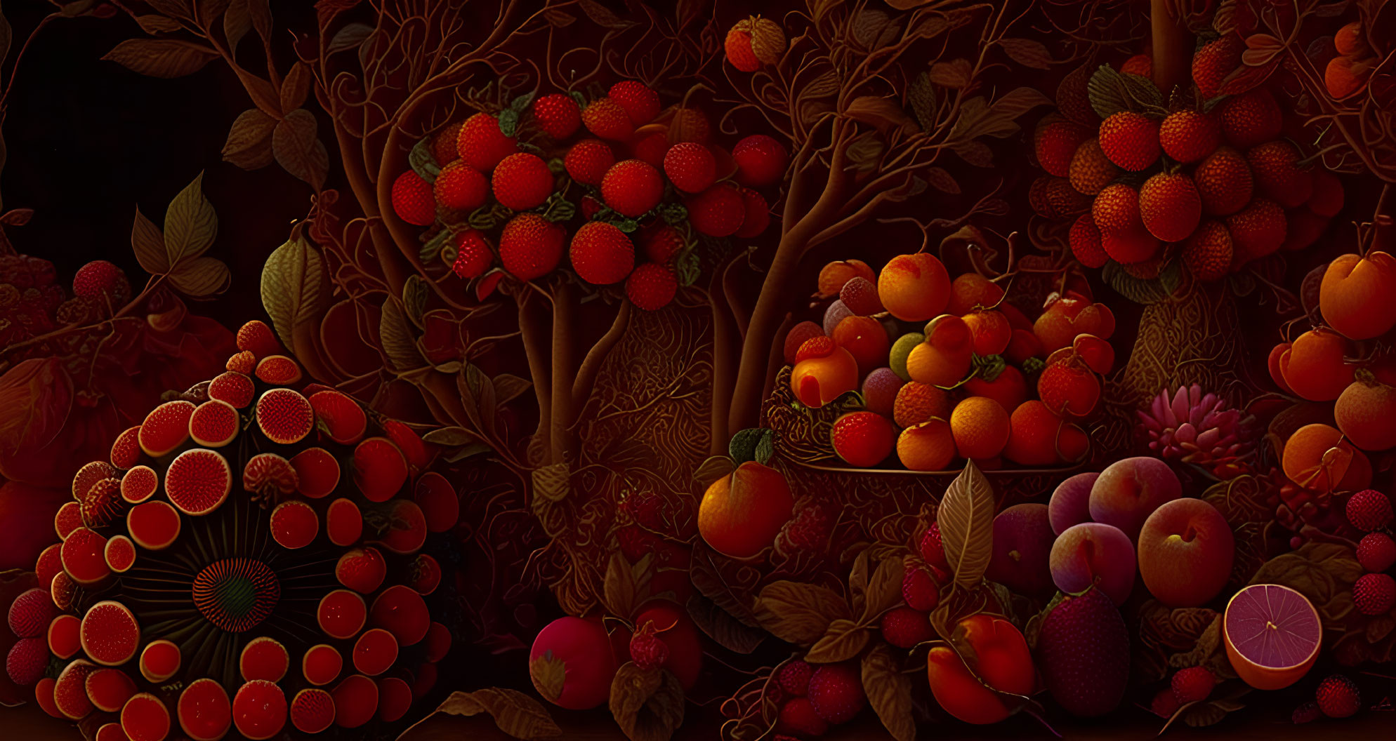 Red-Toned Fruits and Flowers in Mystical Nighttime Botanical Scene