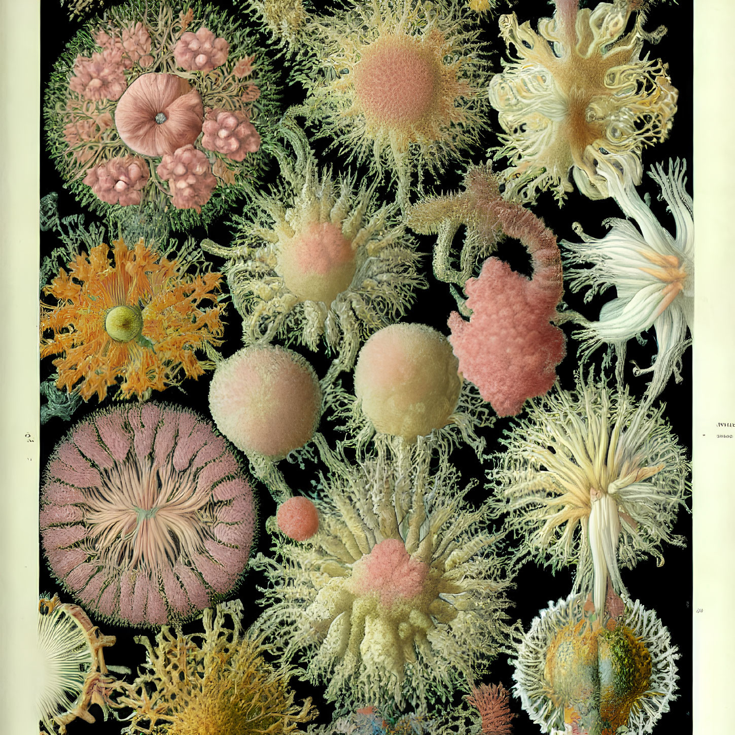 Colorful Vintage Sea Anemones Illustration on Black Background