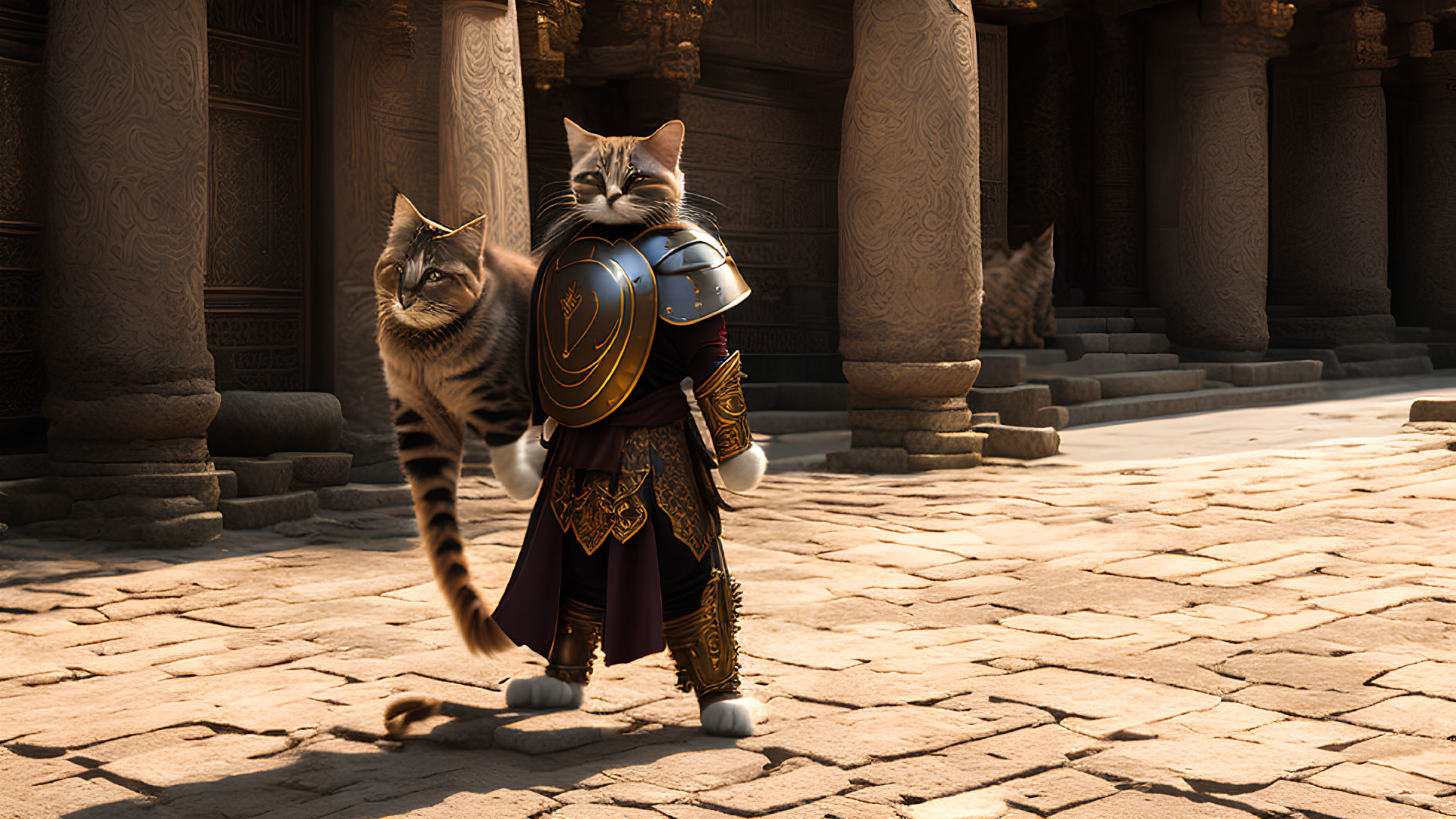 CG image of cat knight and regular cat in ancient temple