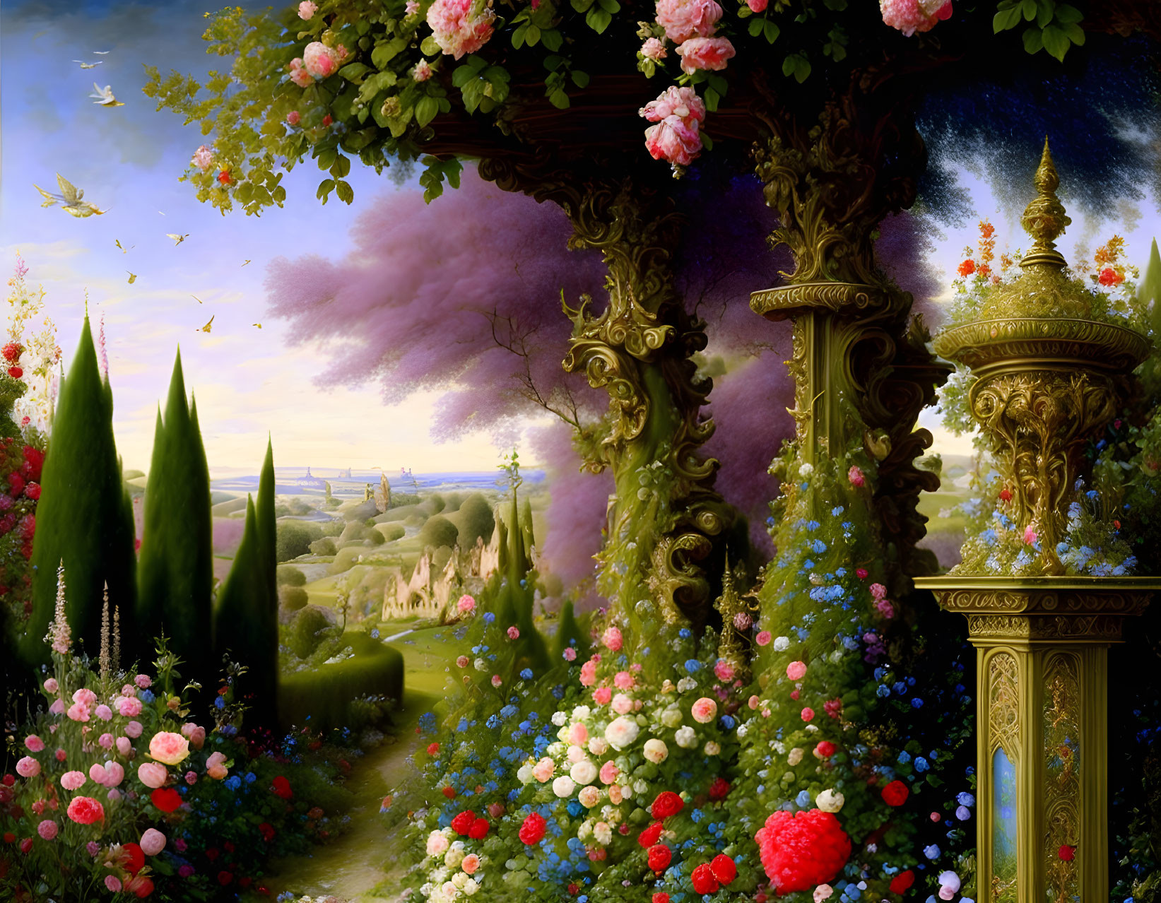 Colorful garden scene with flowers, butterflies, and golden pillar under purple sky