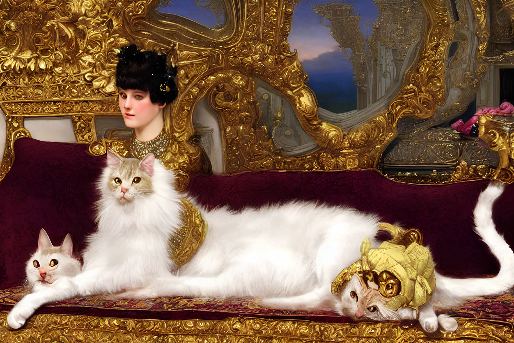 Vintage Attired Woman Lounging with White Cats on Ornate Couch