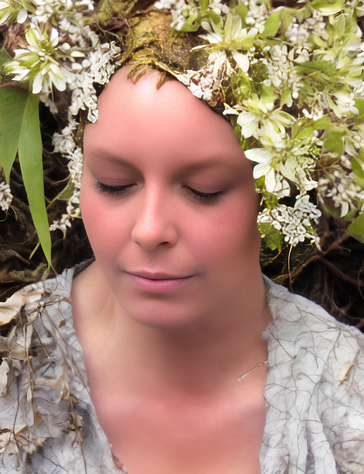 Serene woman with white blossoms and green foliage