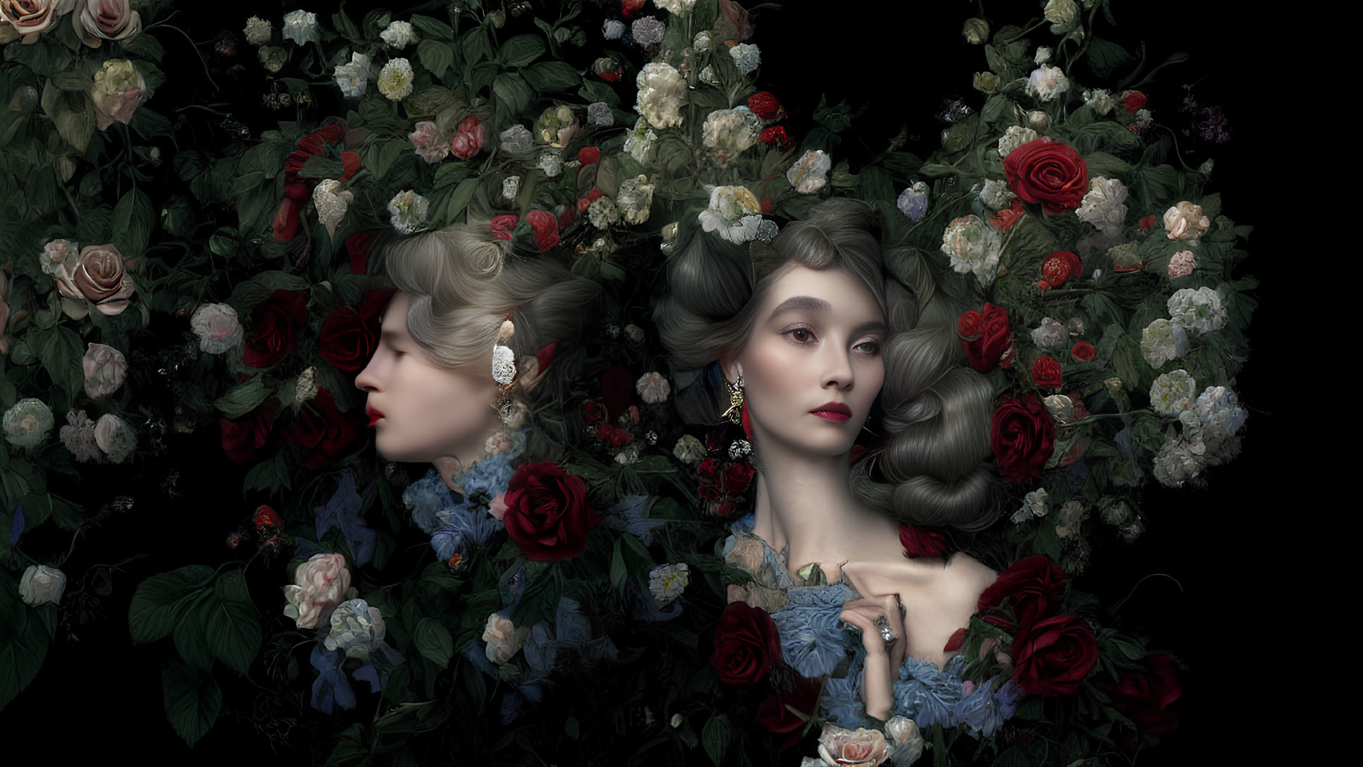 Vintage Hairstyle Women Surrounded by Colorful Roses on Dark Background