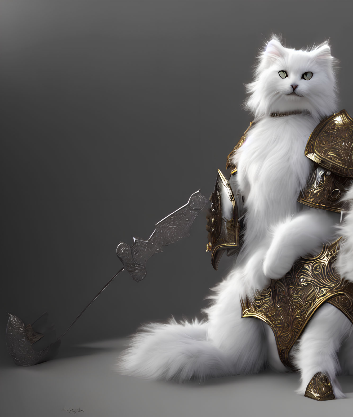 White Cat in Golden Armor with Sword on Gray Background