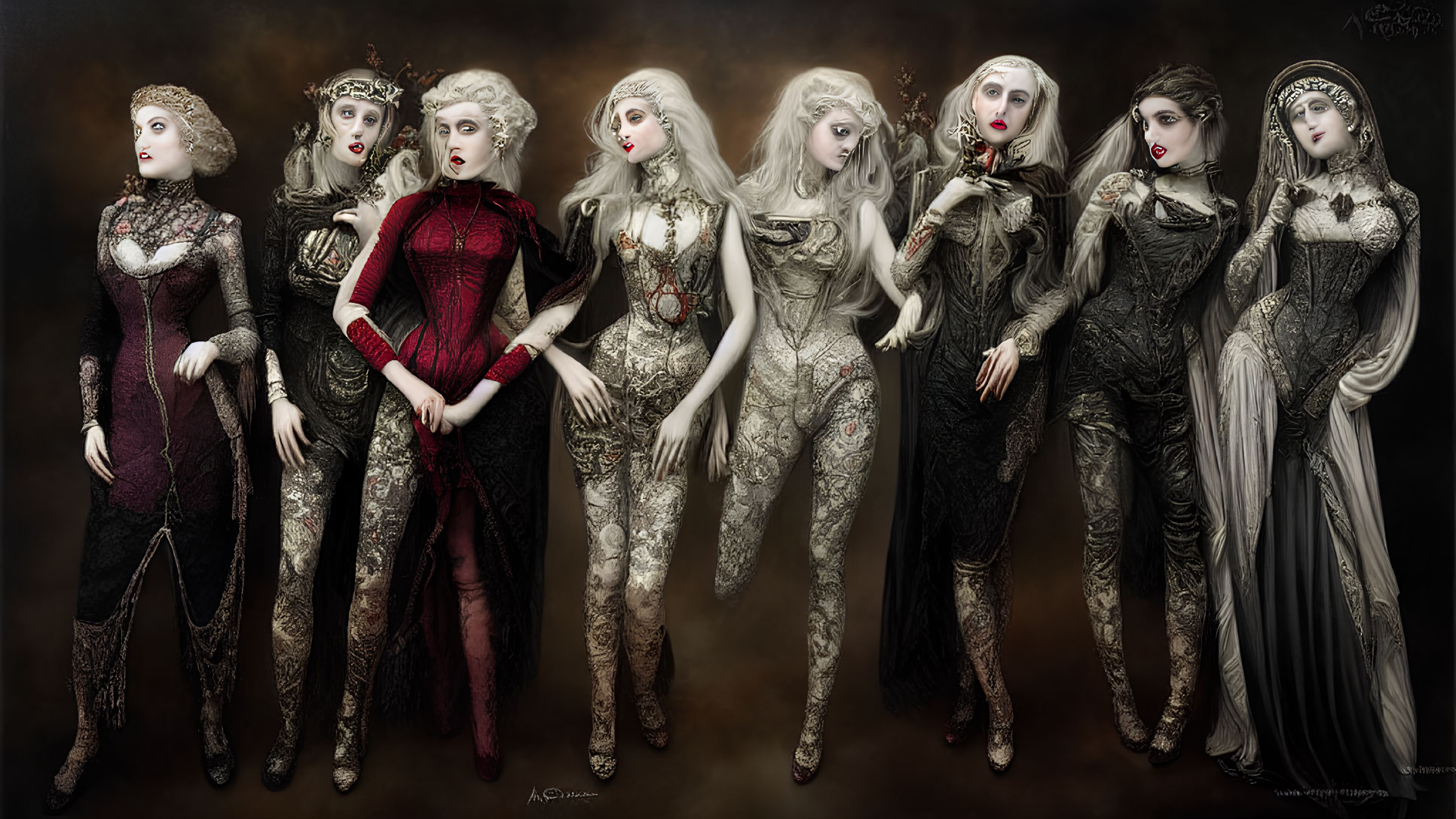 Eight Gothic-Style Female Figures in Ornate Attire on Dark Background