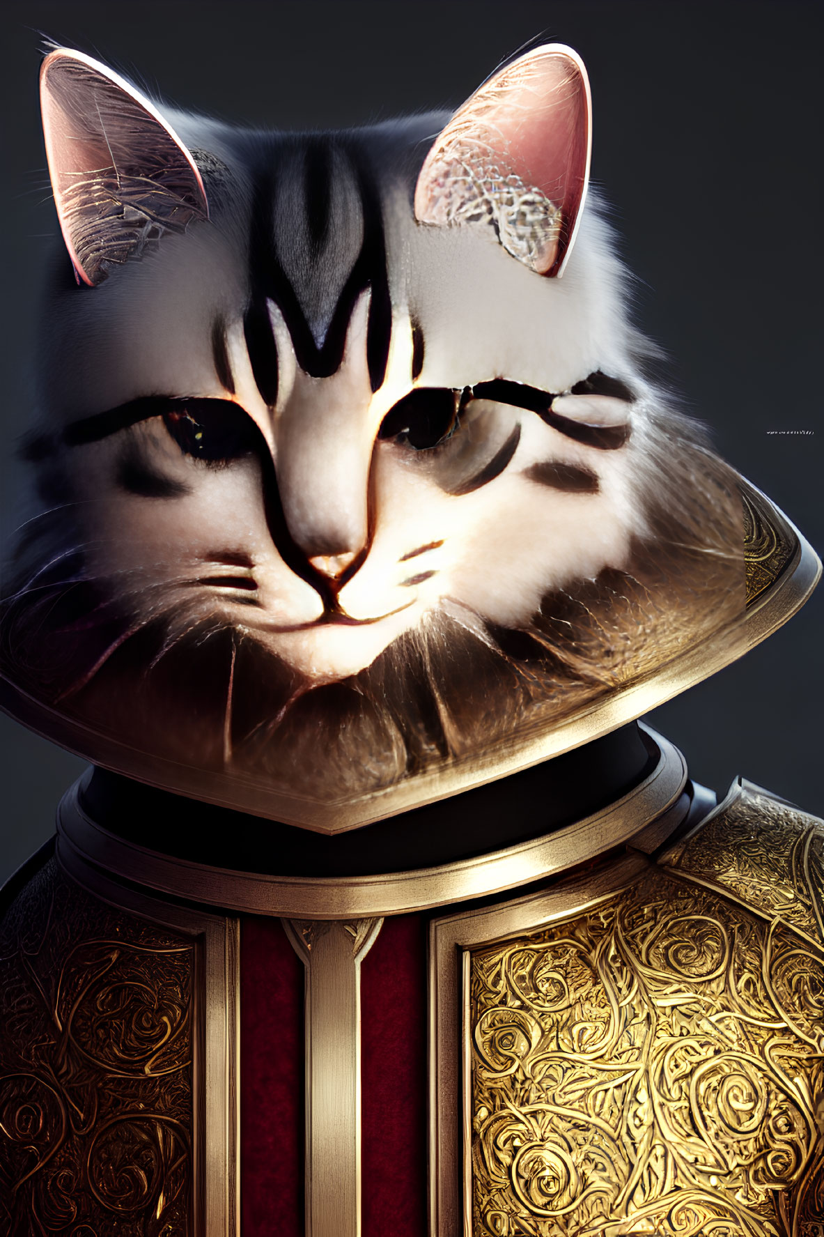 Digital artwork: Cat face merged with historical armor suit in golden patterns & red fabric.