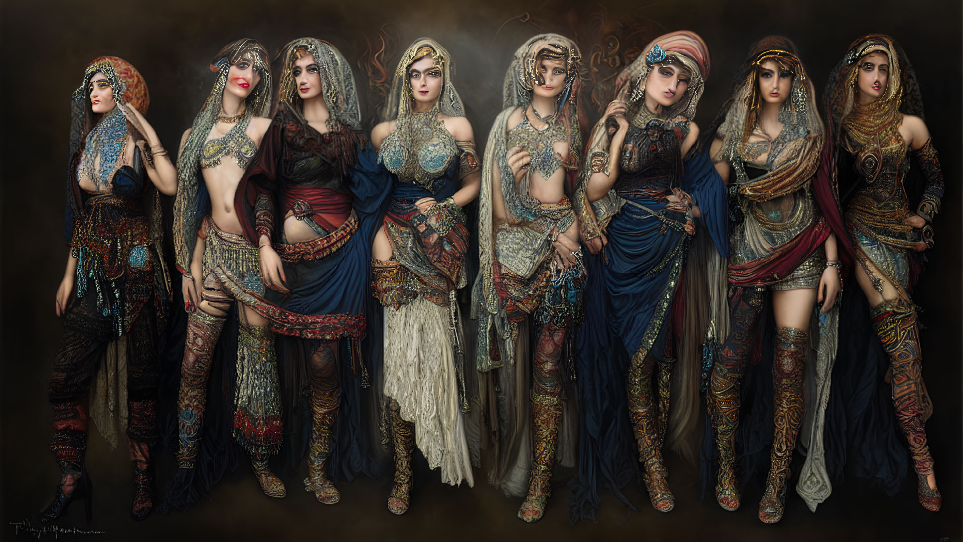 Eight diverse women in ornate Middle Eastern costumes against dark background