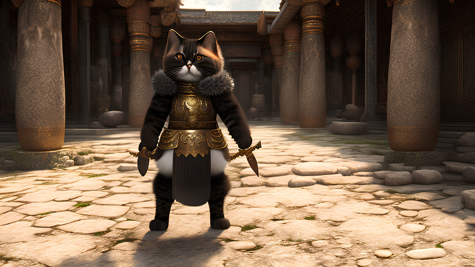 Medieval armor-clad cat with sword in ancient courtyard.