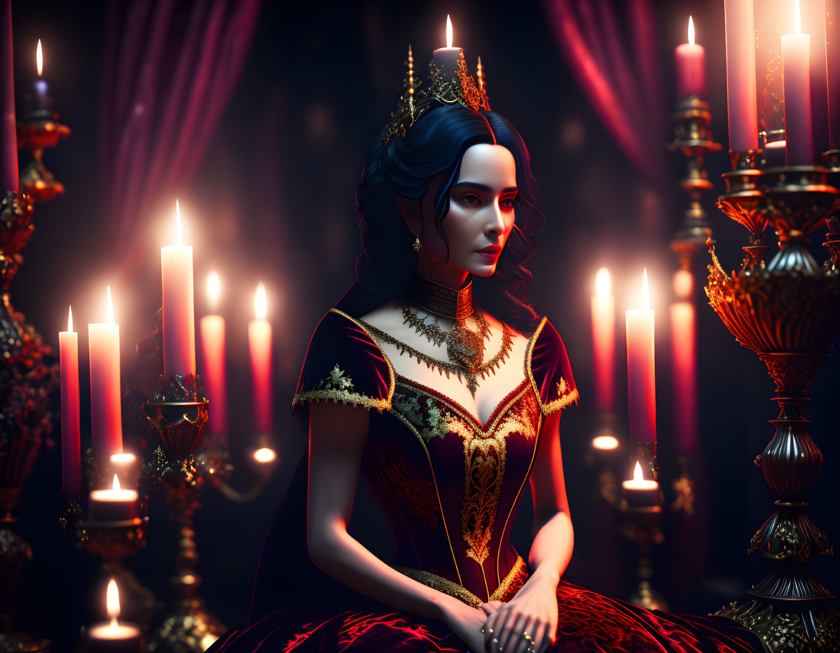 Regal woman in crown and red dress surrounded by lit candles