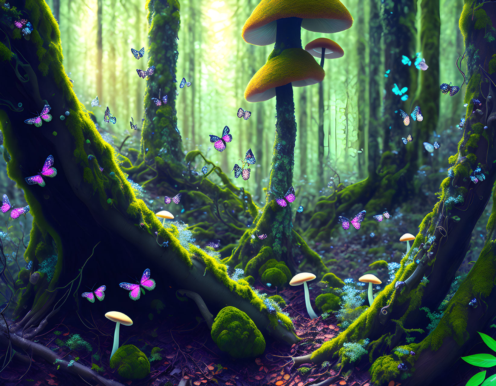 Enchanting forest scene with oversized mushrooms, vibrant butterflies, and moss-covered trees