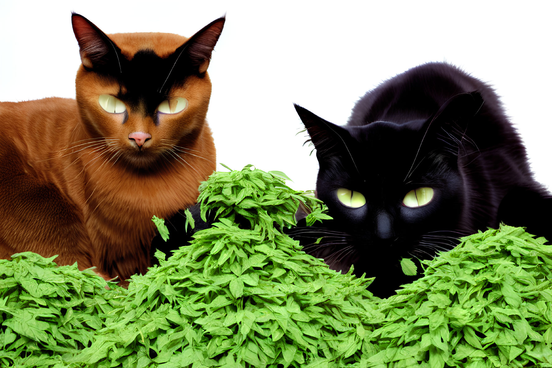 Intense-eyed brown and black cats peeking over green hedge on white background