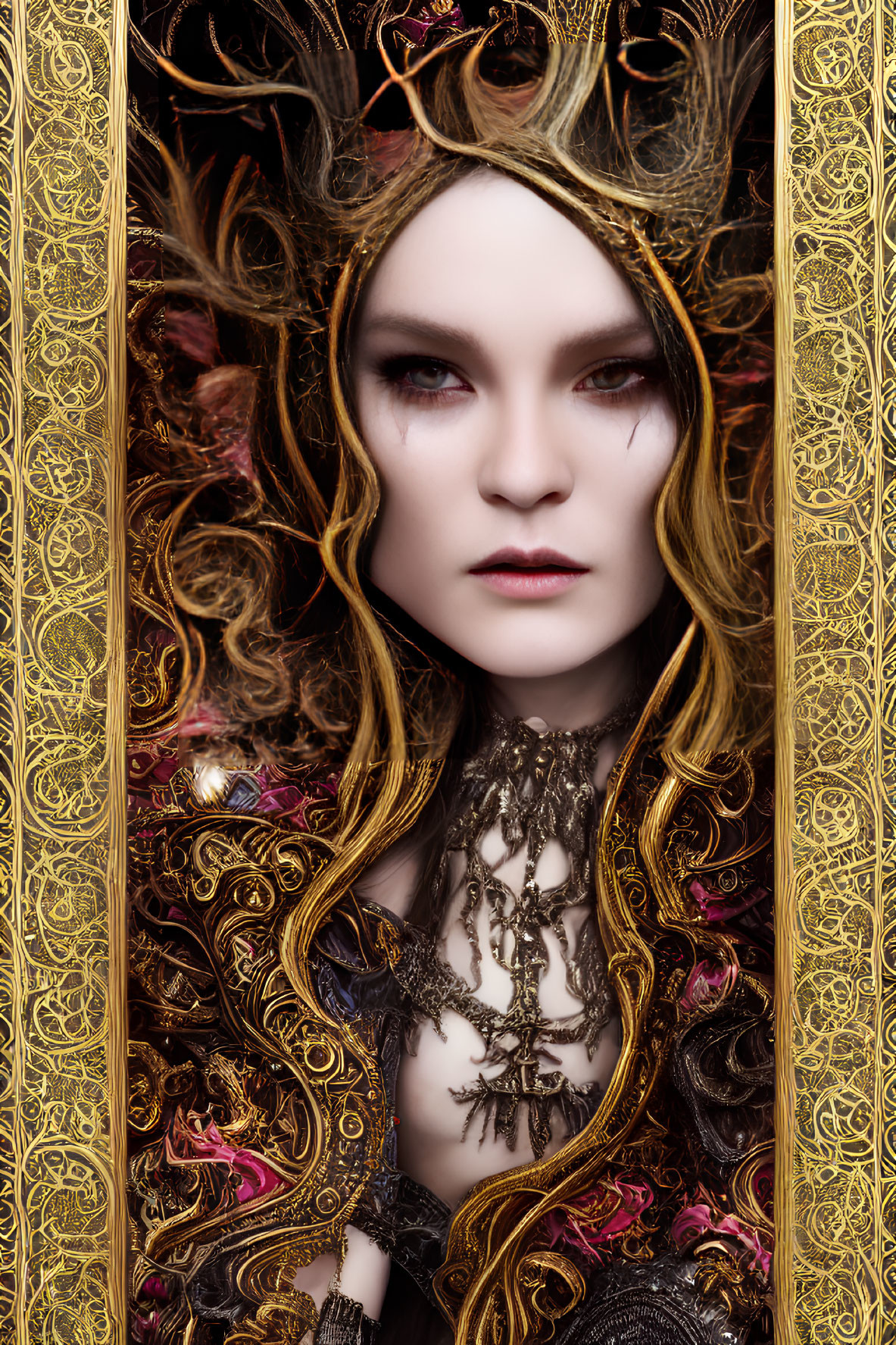 Elaborate golden headpiece and dark attire with regal aura