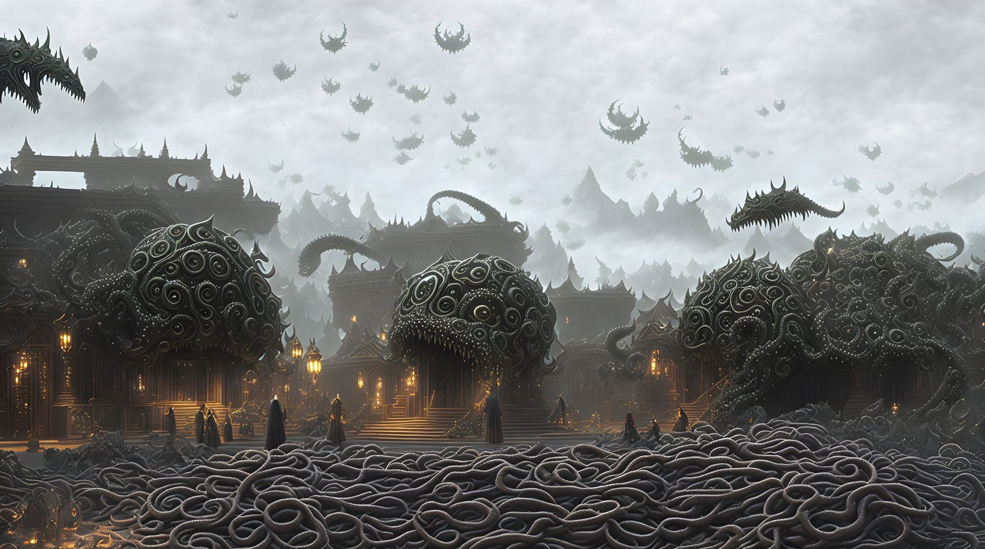 Intricate Fantasy Landscape with Dome-like Structures and Floating Islands