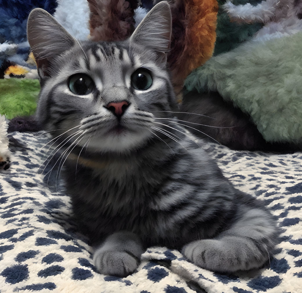 Grey Tabby Kitten with Green Eyes on Patterned Blanket with Plush Toys